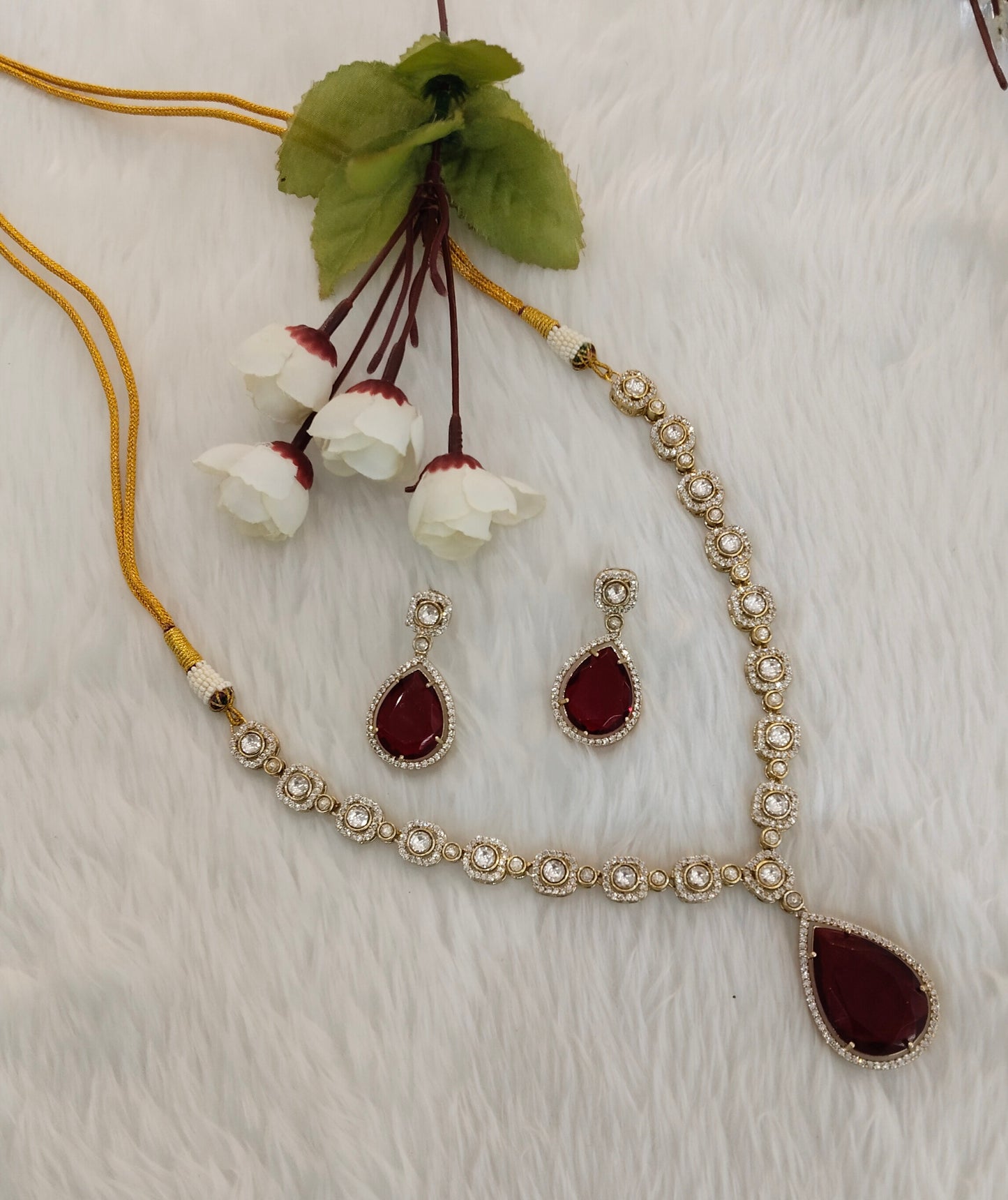 Maroon Gold Moissanite Kundan Necklace Jewellery Sonalika Set