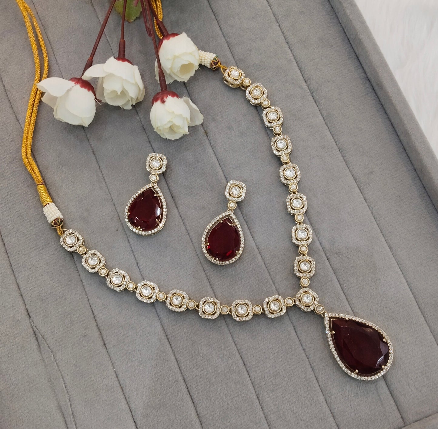 Maroon Gold Moissanite Kundan Necklace Jewellery Sonalika Set