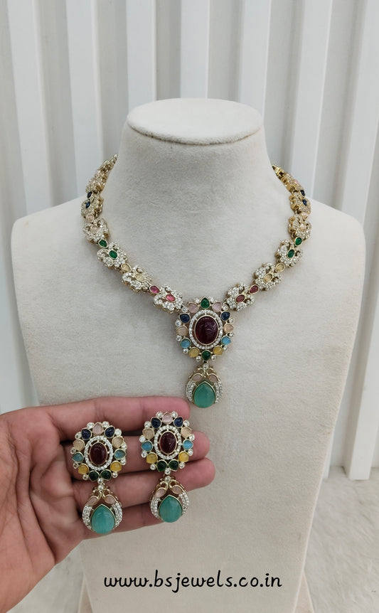 Multi Color Gold Moissanite Kundan Necklace Jewellery Sonalika Set