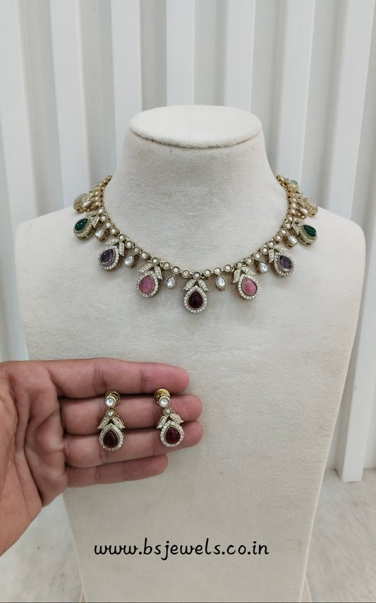 Multi Color Gold Moissanite Kundan Necklace Jewellery Barkat Set