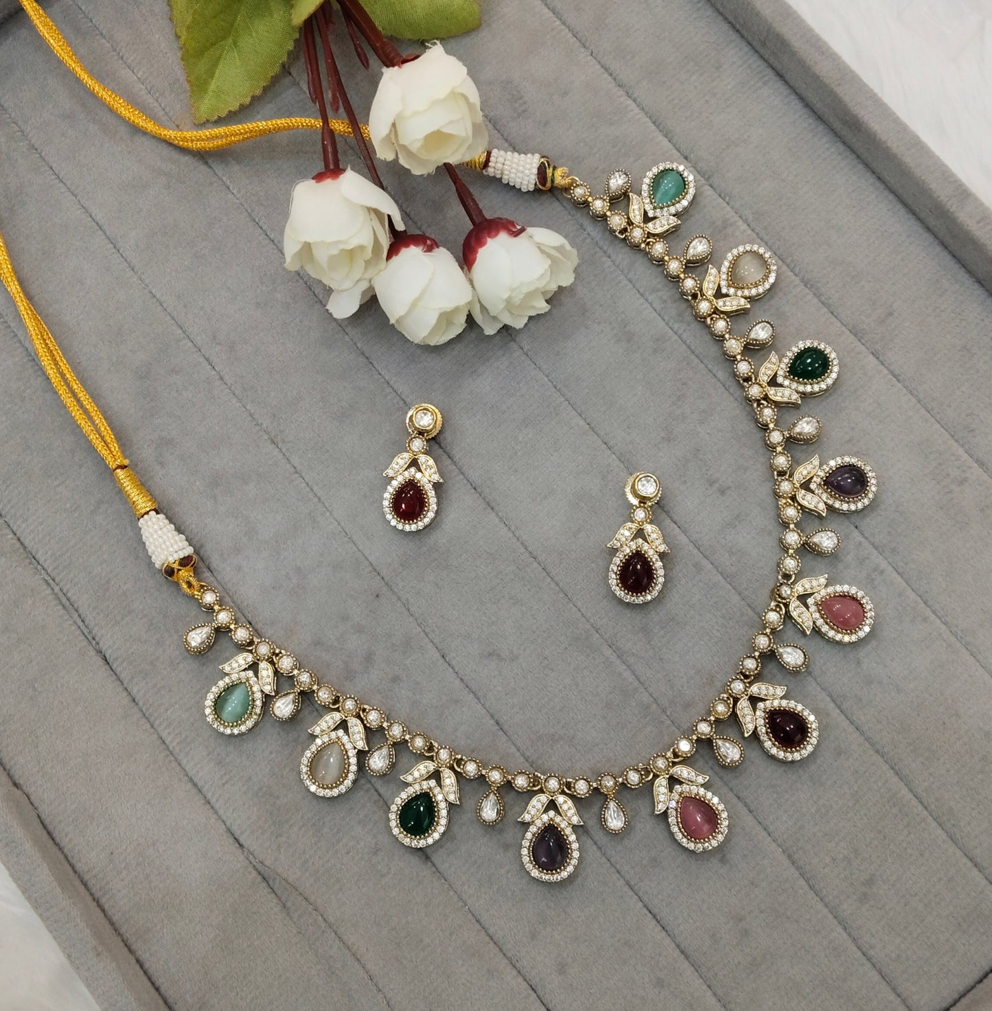 Multi Color Gold Moissanite Kundan Necklace Jewellery Barkat Set