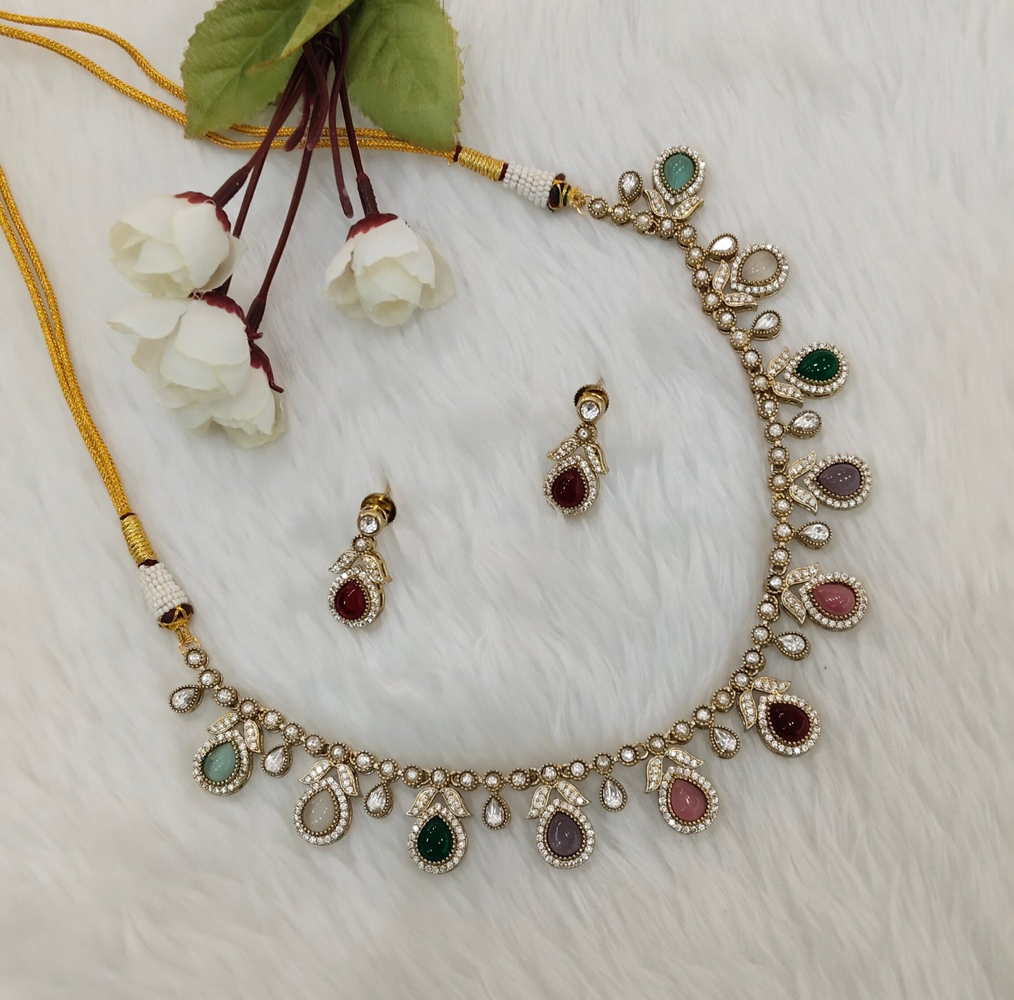 Multi Color Gold Moissanite Kundan Necklace Jewellery Barkat Set