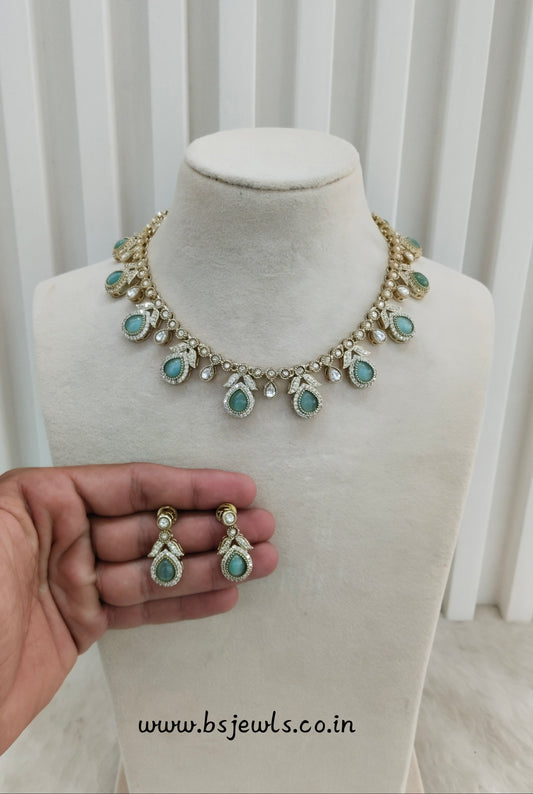 Sage Green Gold Moissanite Kundan Necklace Jewellery Barkat Set