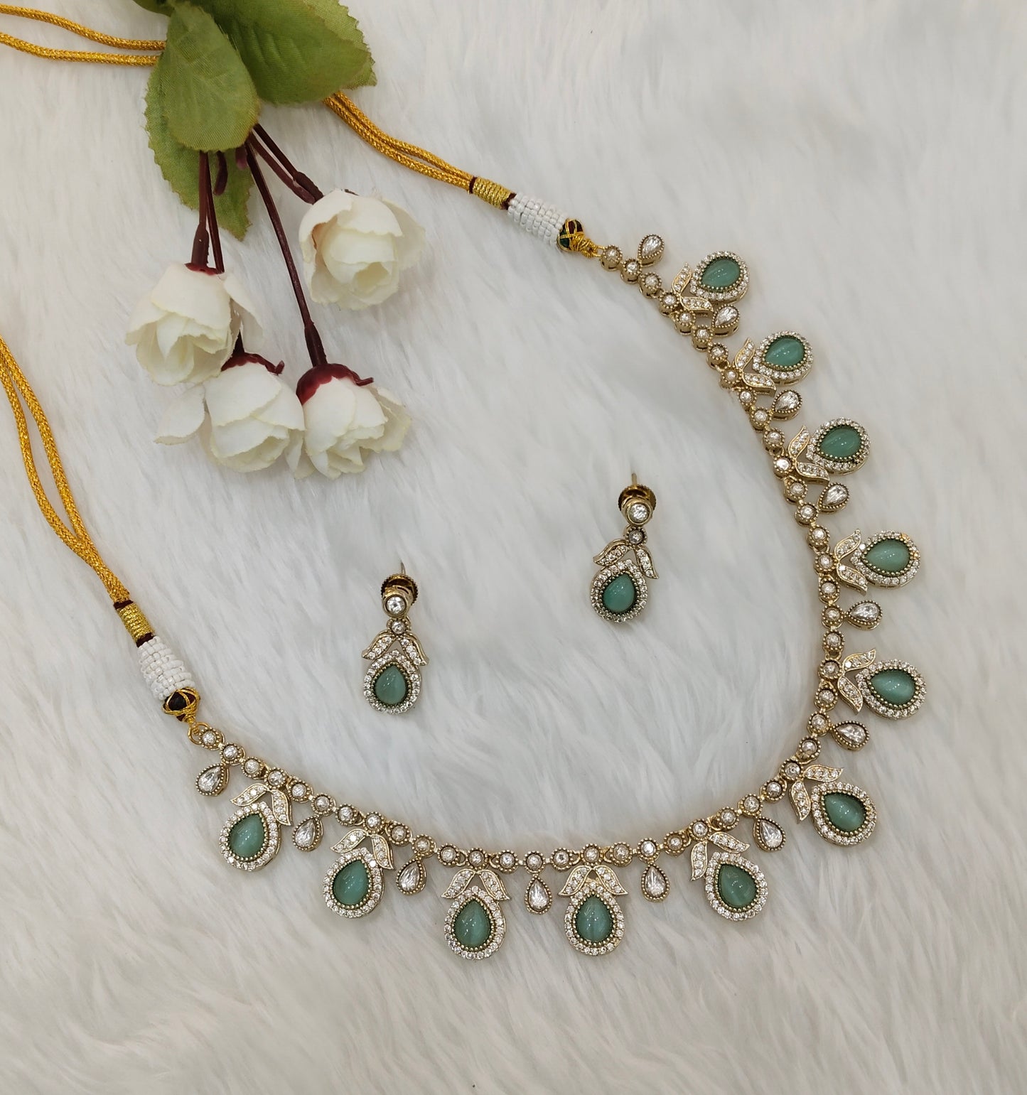 Sage Green Gold Moissanite Kundan Necklace Jewellery Barkat Set
