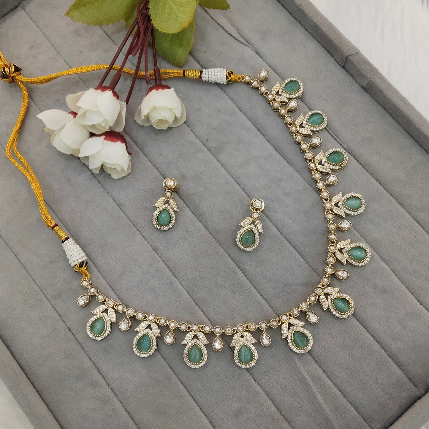 Sage Green Gold Moissanite Kundan Necklace Jewellery Barkat Set