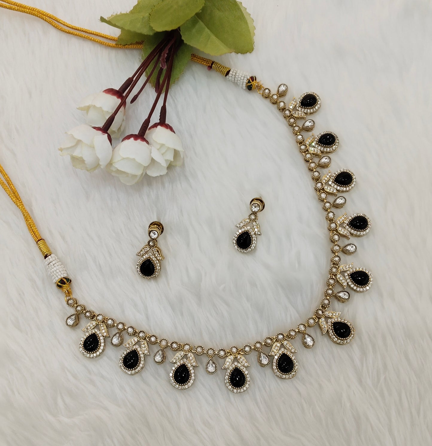 Black Gold Moissanite Kundan Necklace Jewellery Barkat Set