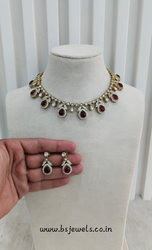 Maroon Gold Moissanite Kundan Necklace Jewellery Barkat Set