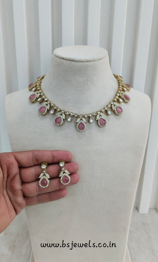 Pink Gold Moissanite Kundan Necklace Jewellery Barkat Set