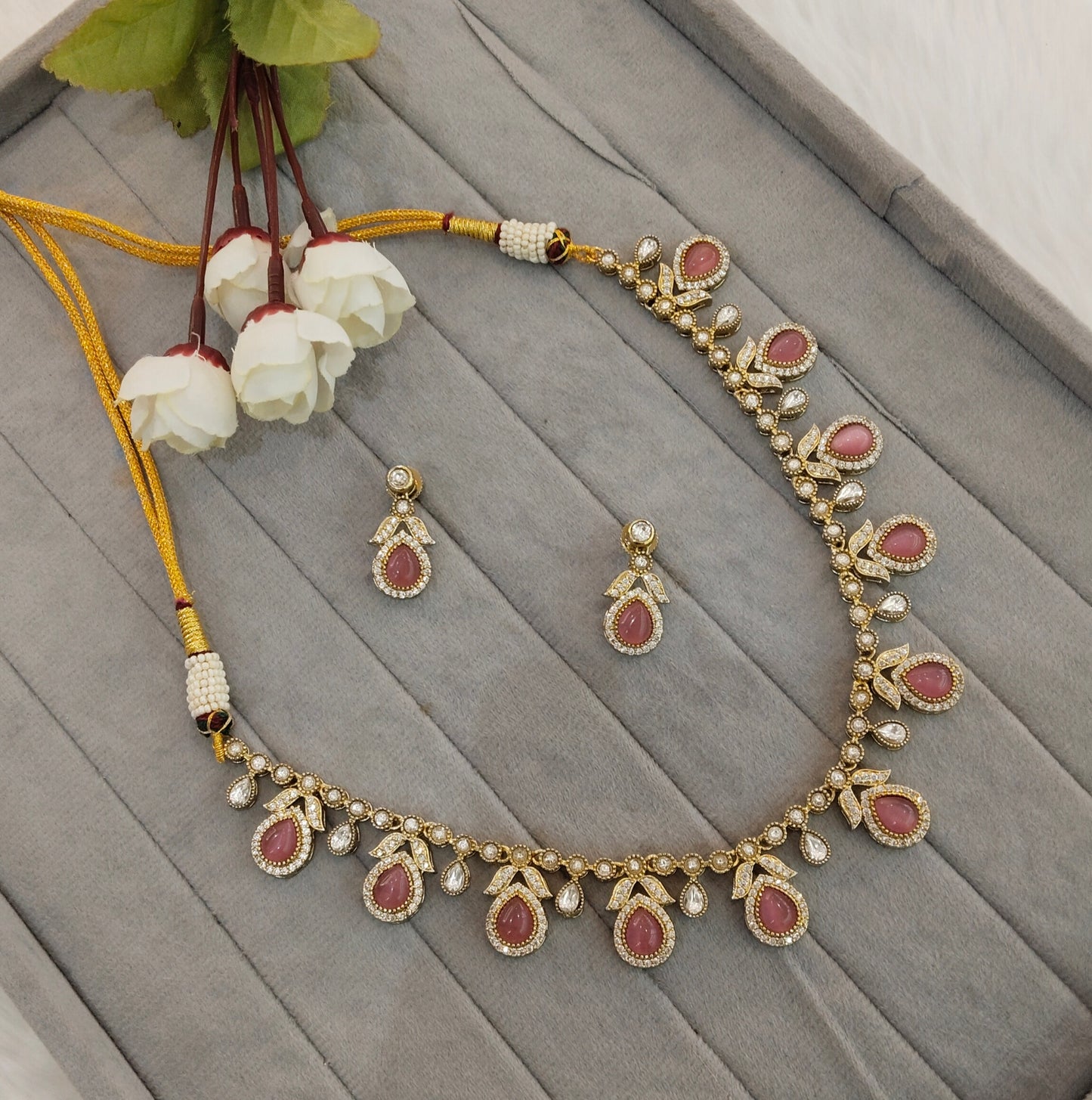 Pink Gold Moissanite Kundan Necklace Jewellery Barkat Set