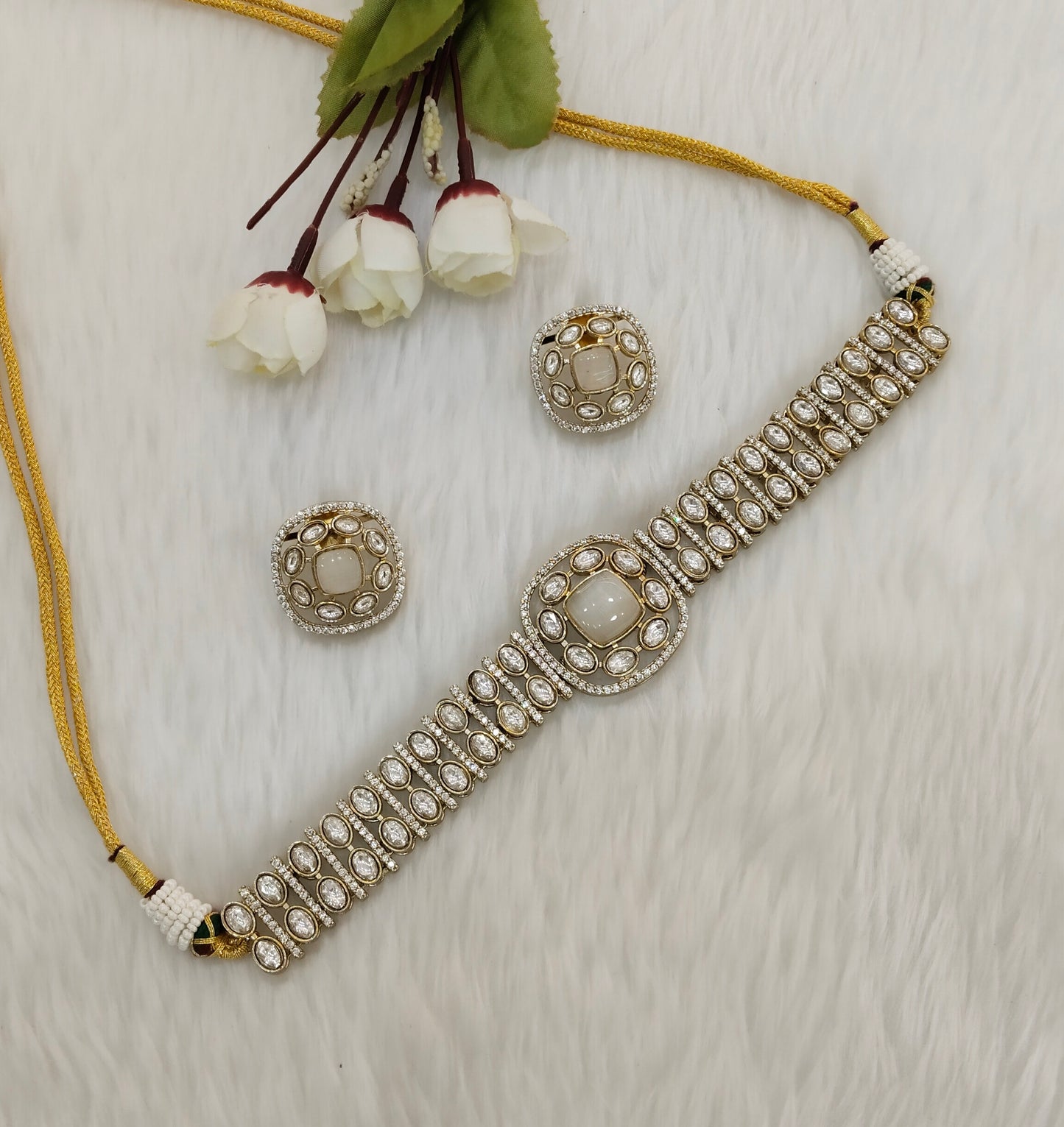 White Moissanite Kundan Choker Jewellery Farmtrack Set