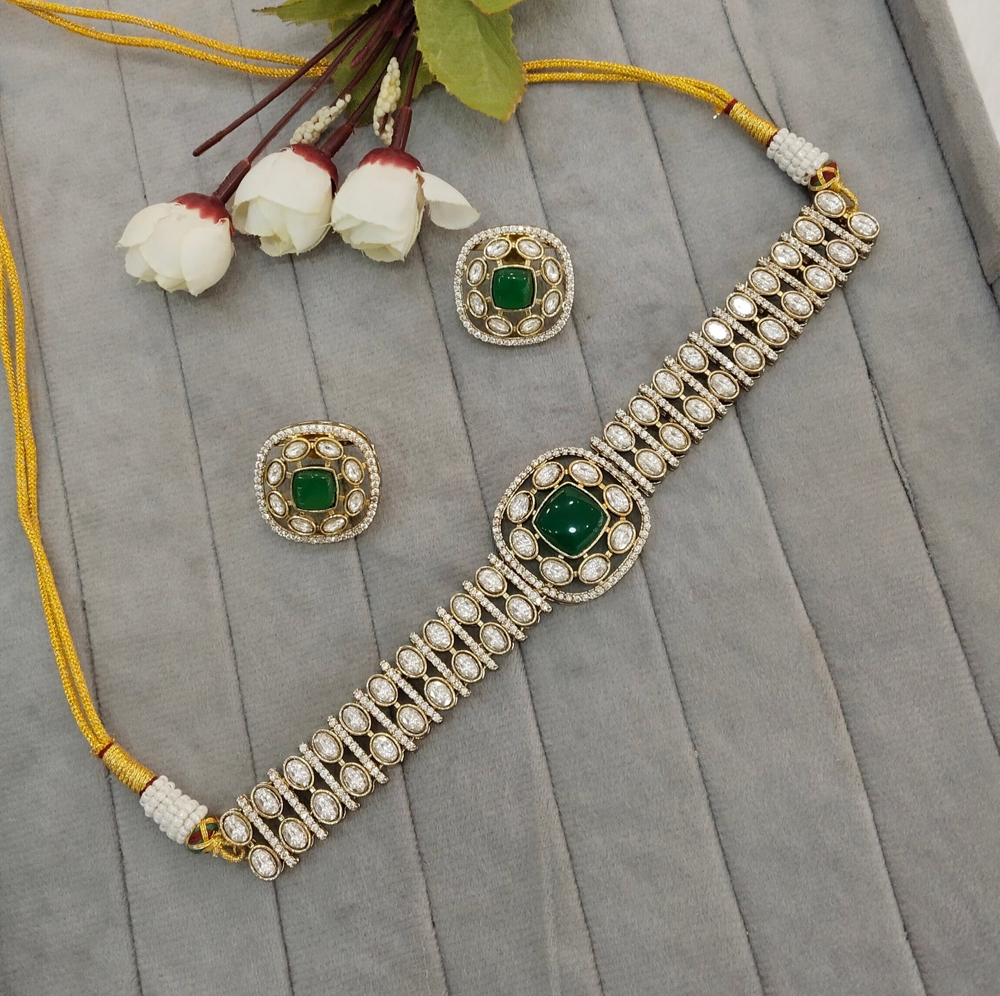 Green Moissanite Kundan Choker Jewellery Farmtrack Set