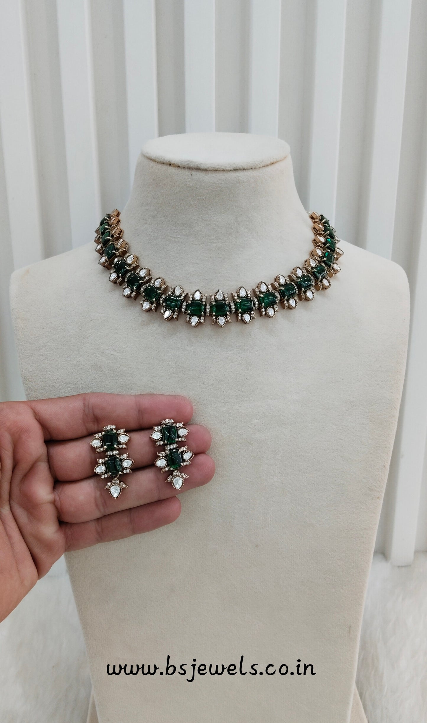 Green Gold Moissanite Kundan Necklace Jewellery Indofarm Set