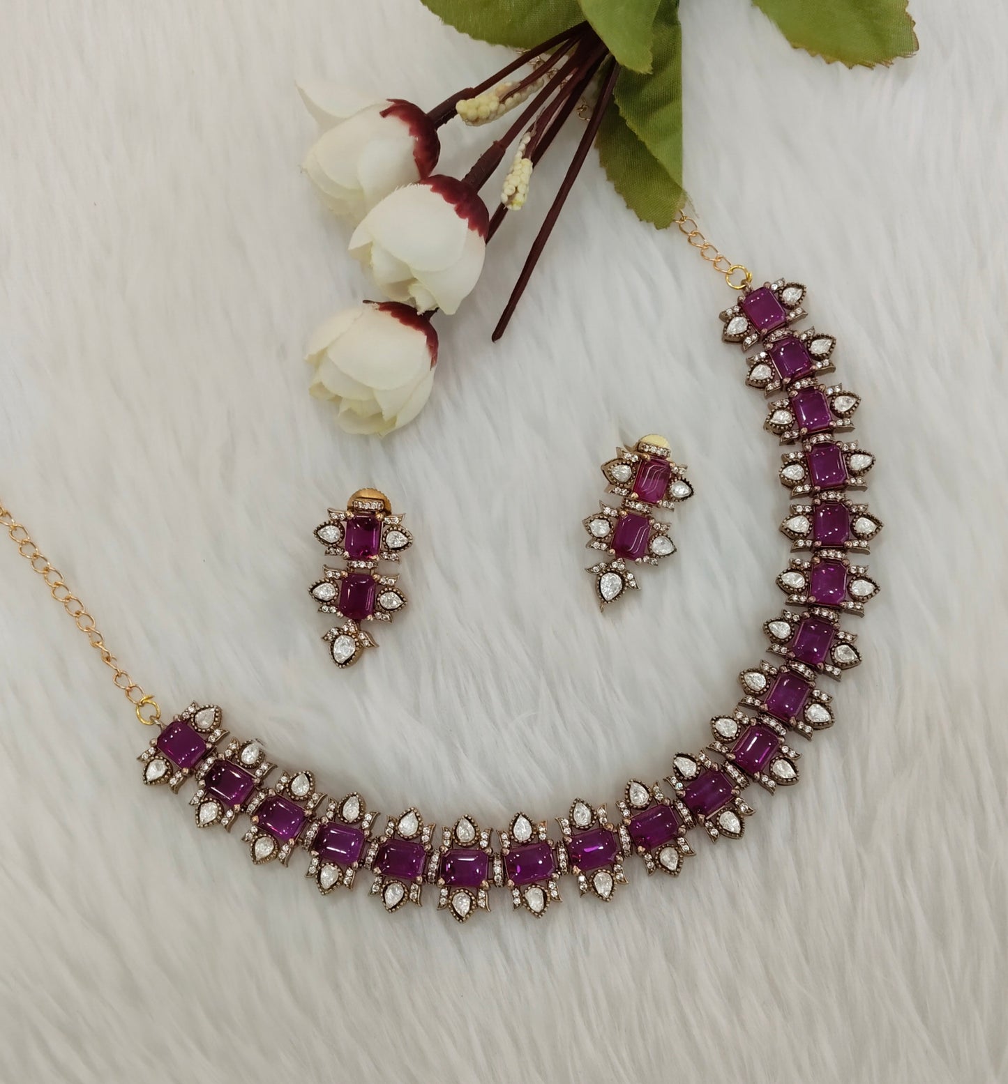Majenta Gold Moissanite Kundan Necklace Jewellery Indofarm Set