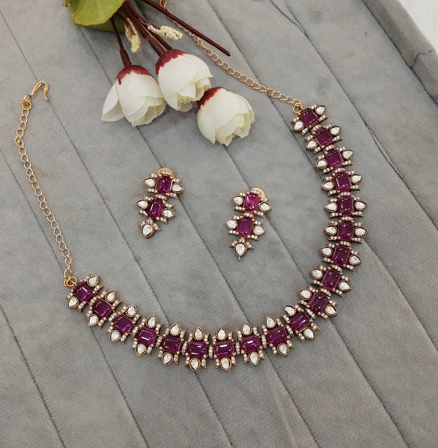 Majenta Gold Moissanite Kundan Necklace Jewellery Indofarm Set