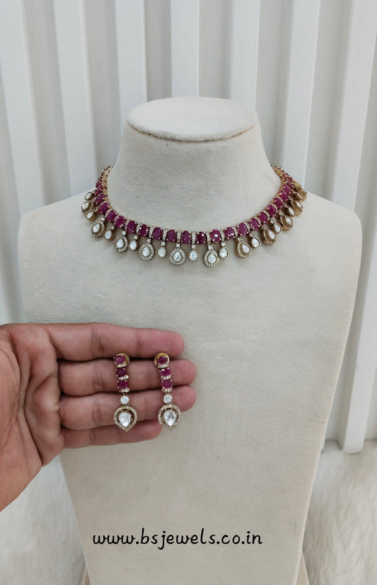 Majenta Gold Moissanite Kundan Necklace Jewellery Echer Set