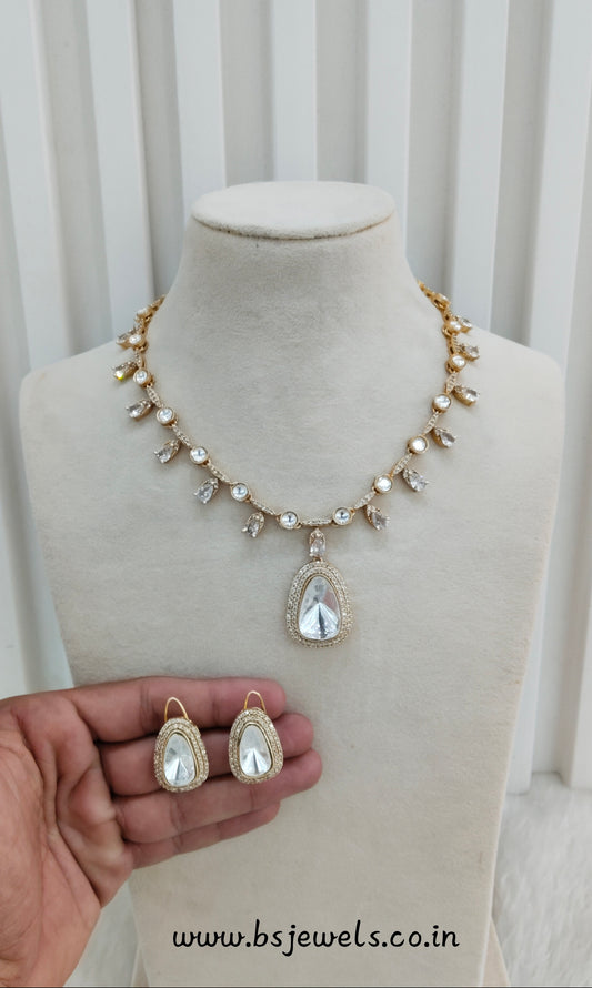 White Gold Moissanite Kundan Necklace Jewellery Indofarm Set