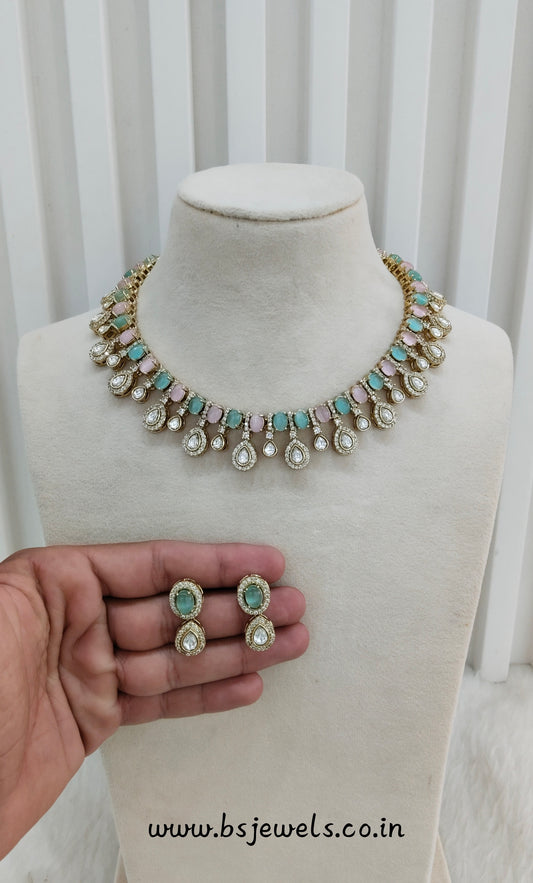 Mint Pink Gold Moissanite Kundan Necklace Jewellery Echer Set