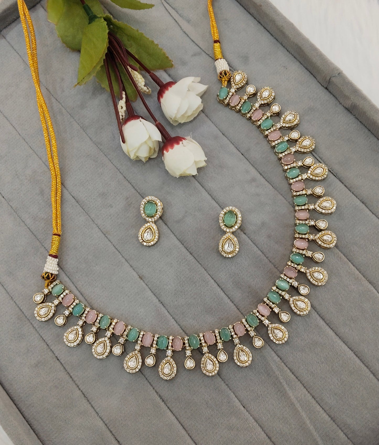 Mint Pink Gold Moissanite Kundan Necklace Jewellery Echer Set