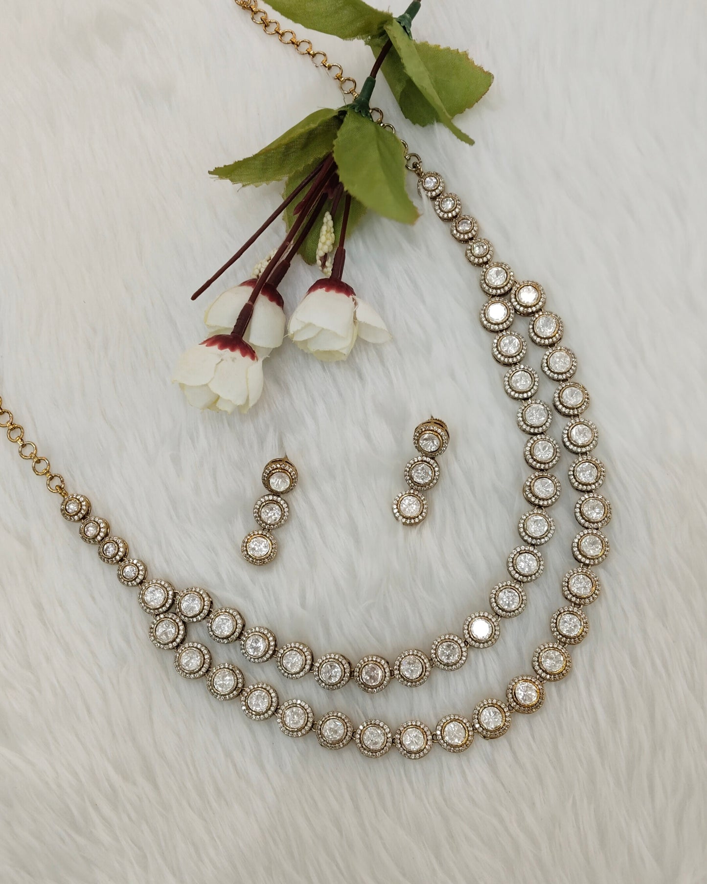 White Gold Moissanite Kundan Necklace Jewellery Indofarm Set
