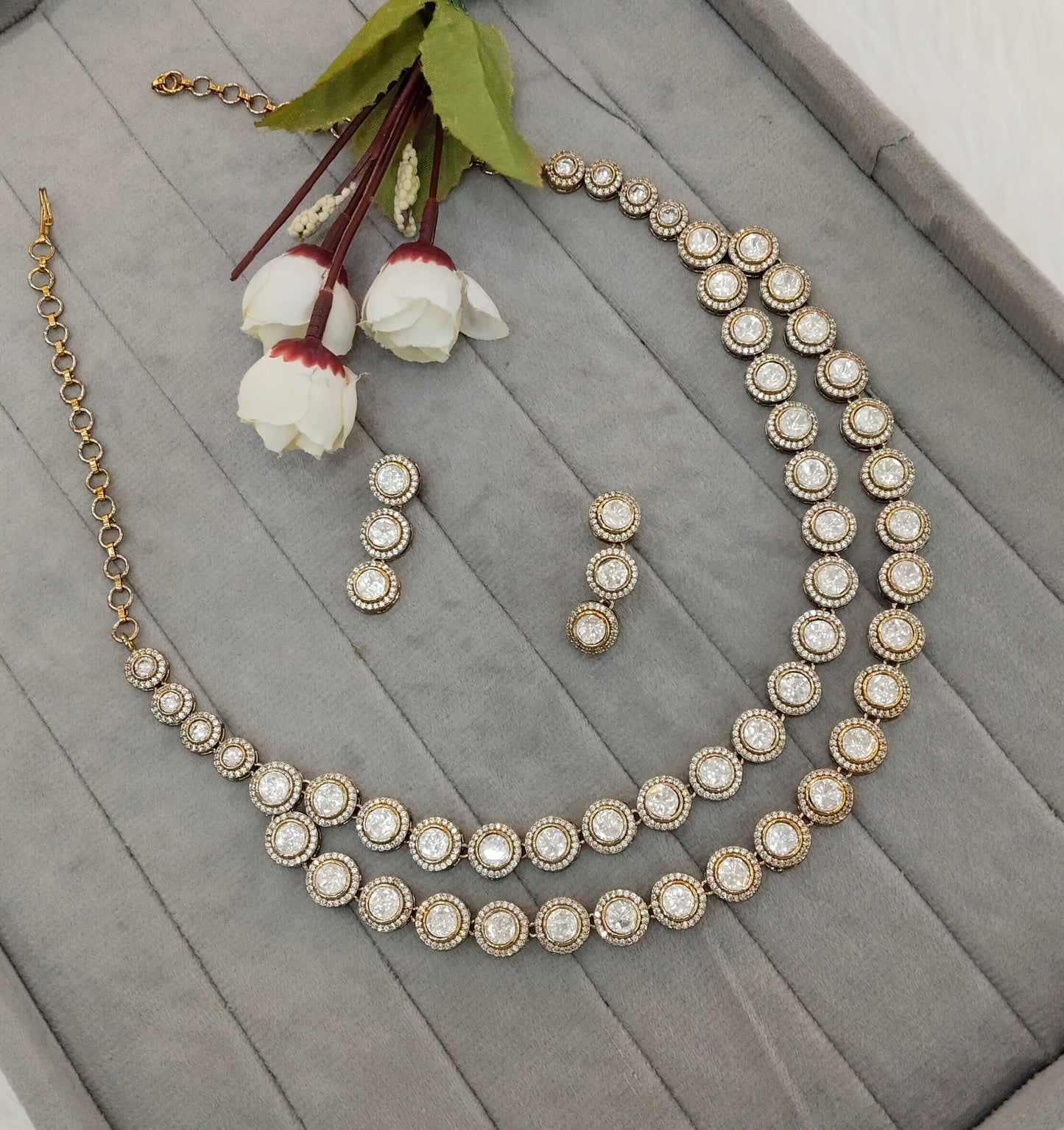White Gold Moissanite Kundan Necklace Jewellery Indofarm Set