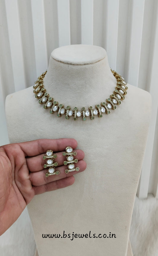 Pista Gold Moissanite Kundan Necklace Jewellery Massy Set