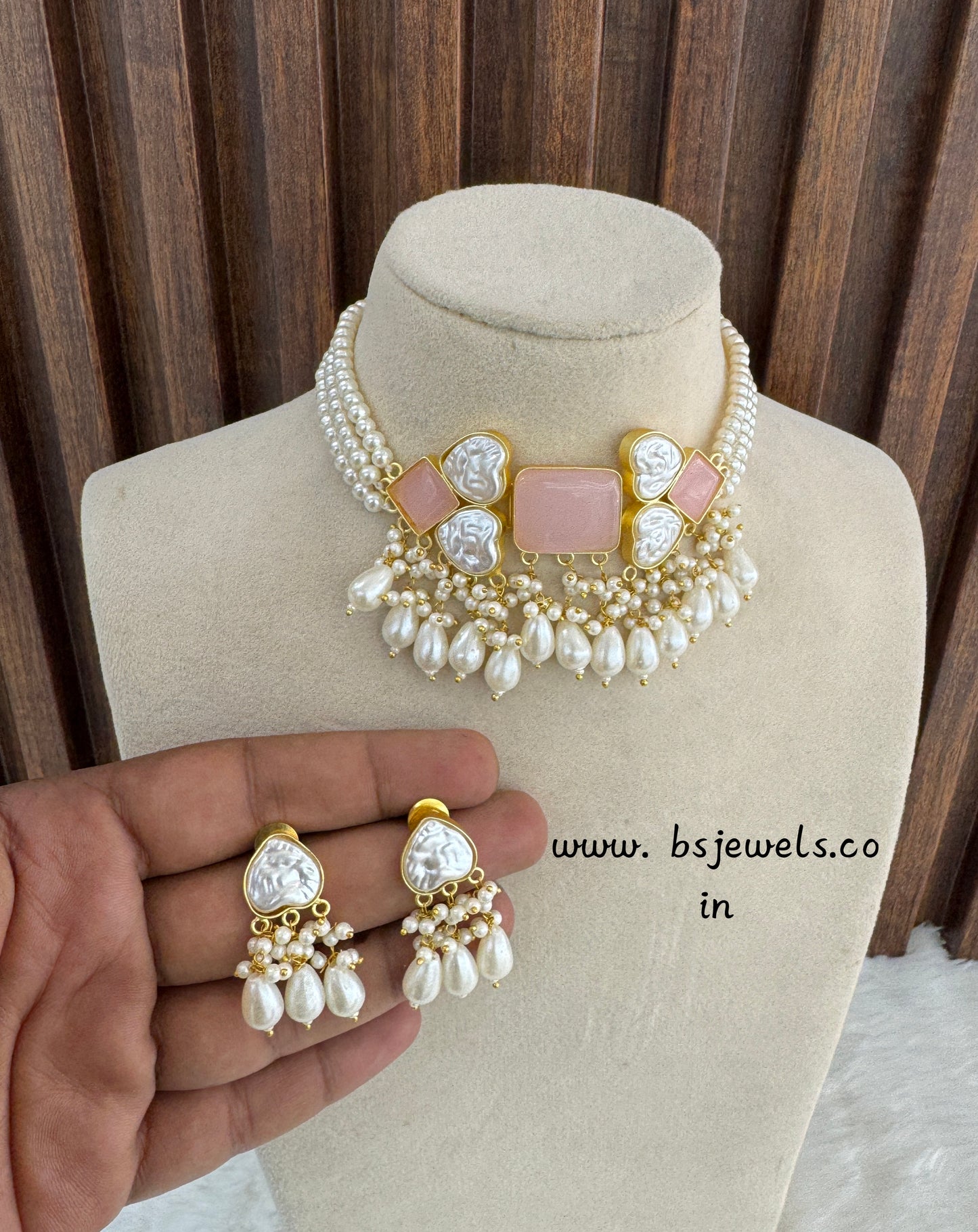 Pink Mother Of Pearl Stone Chokar Jewellery Olivia Set