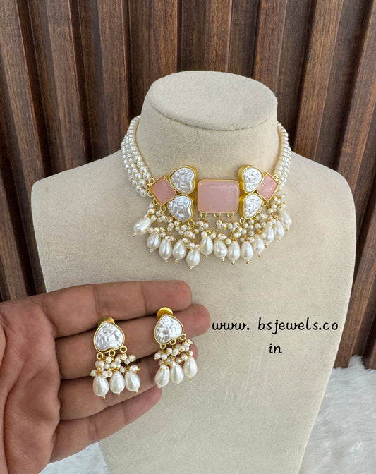 Pink Mother Of Pearl Stone Chokar Jewellery Olivia Set