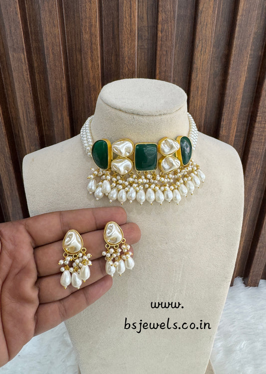 Green Mother Of Pearl Stone Chokar Jewellery Olivia Set
