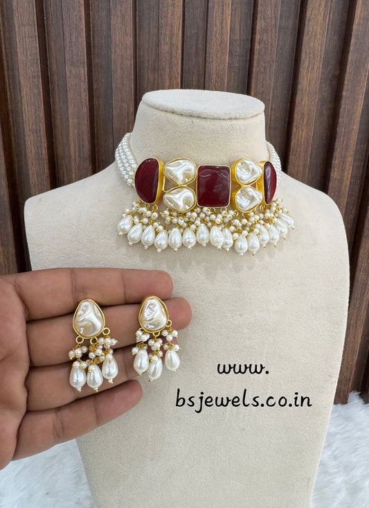 Ruby Mother Of Pearl Stone Chokar Jewellery Olivia Set