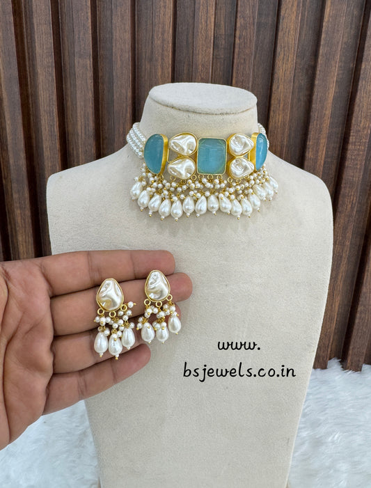 Sky Blue Mother Of Pearl Stone Chokar Jewellery Olivia Set