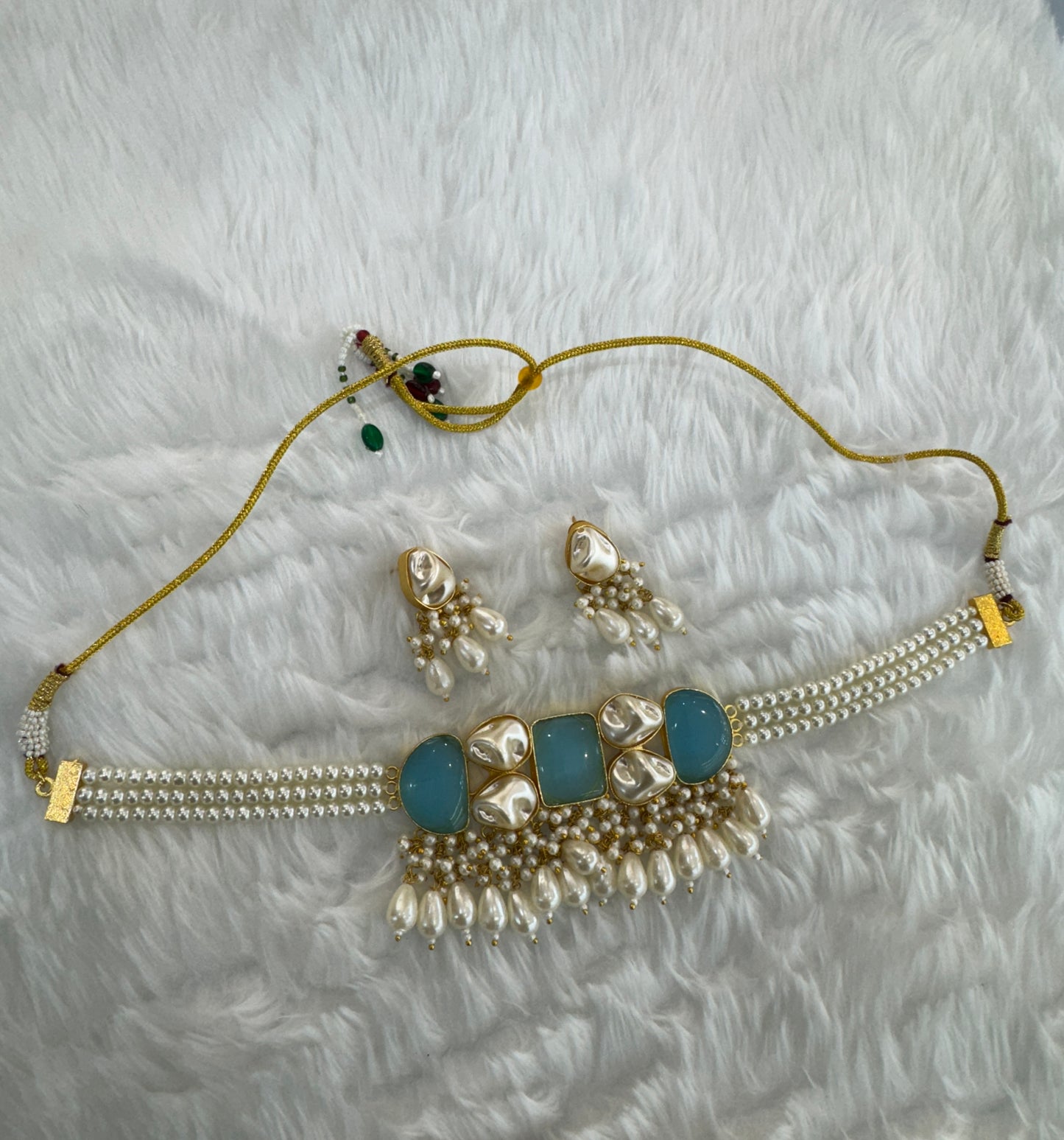 Sky Blue Mother Of Pearl Stone Chokar Jewellery Olivia Set