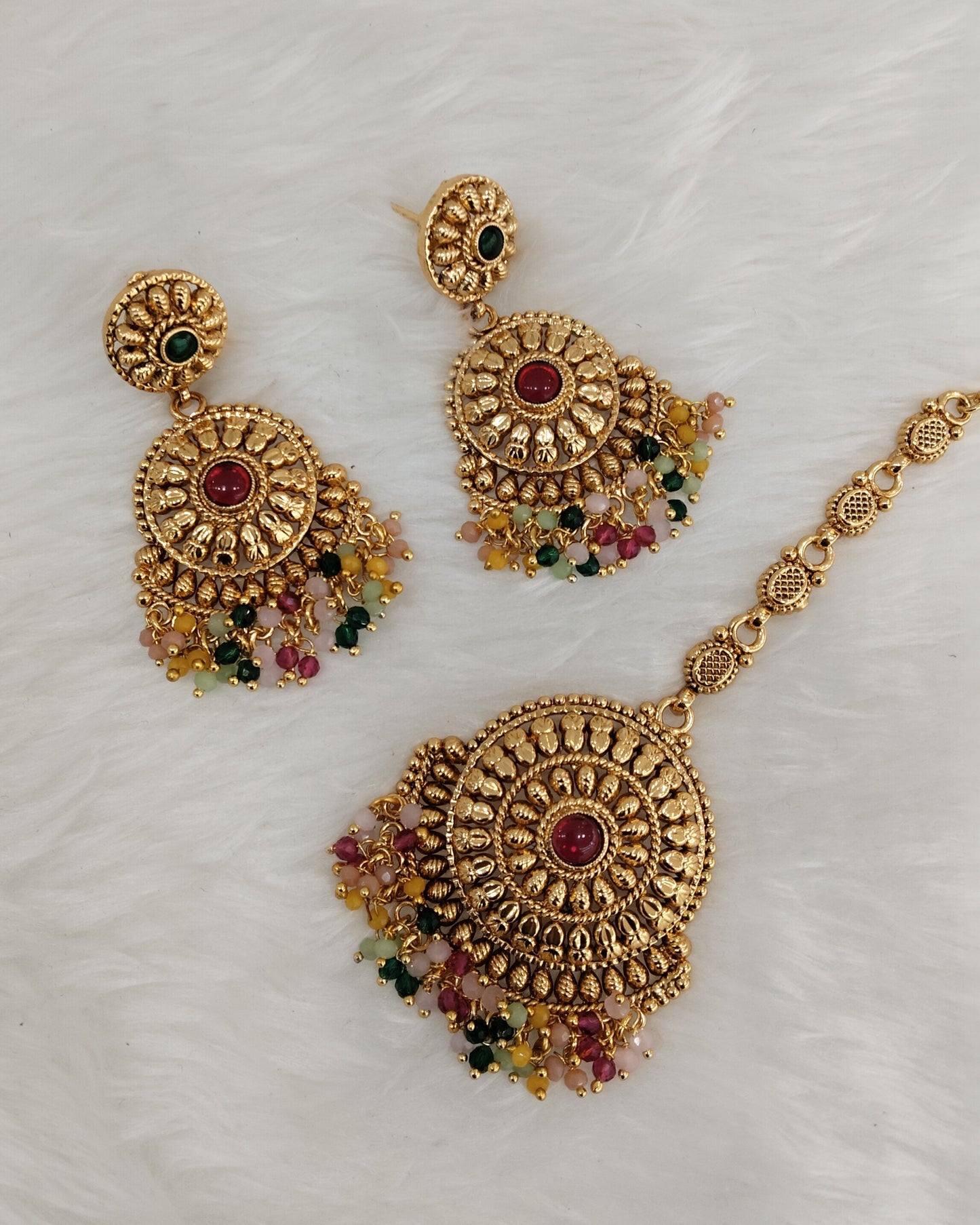 Multi Color Gold Polki Punjabi Style Earrings and Tikka