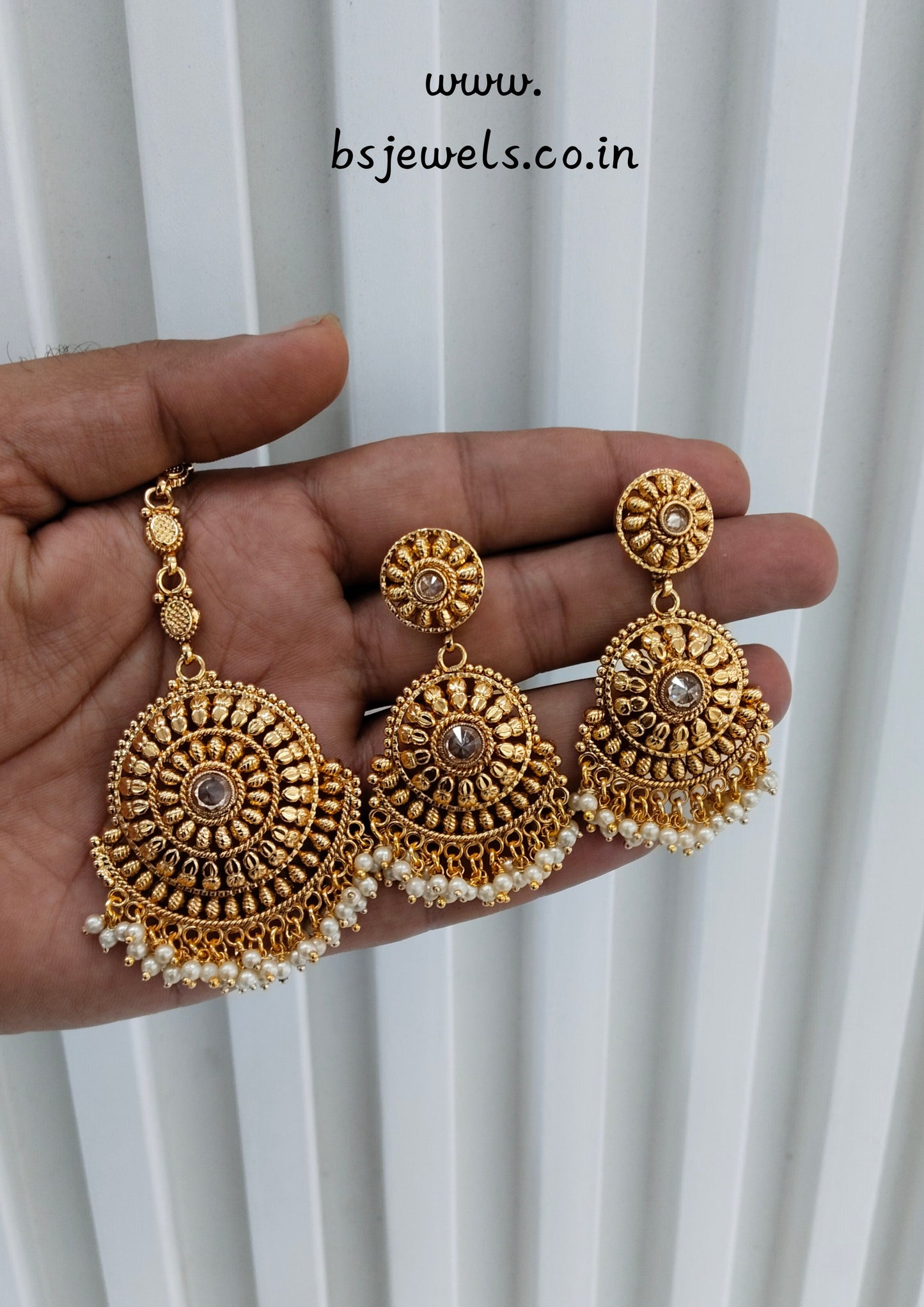 White Gold Polki Punjabi Style Earrings and Tikka