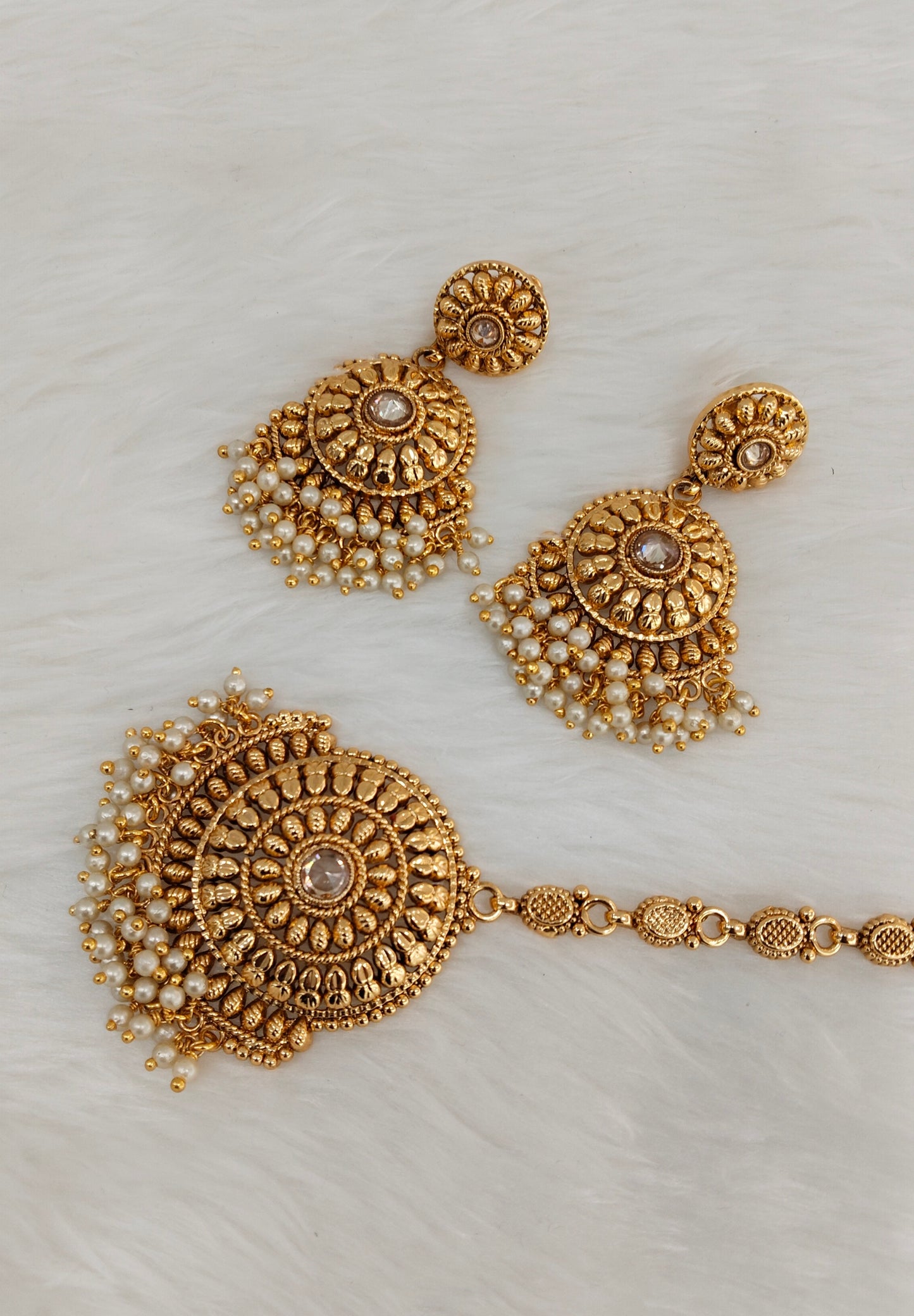 White Gold Polki Punjabi Style Earrings and Tikka