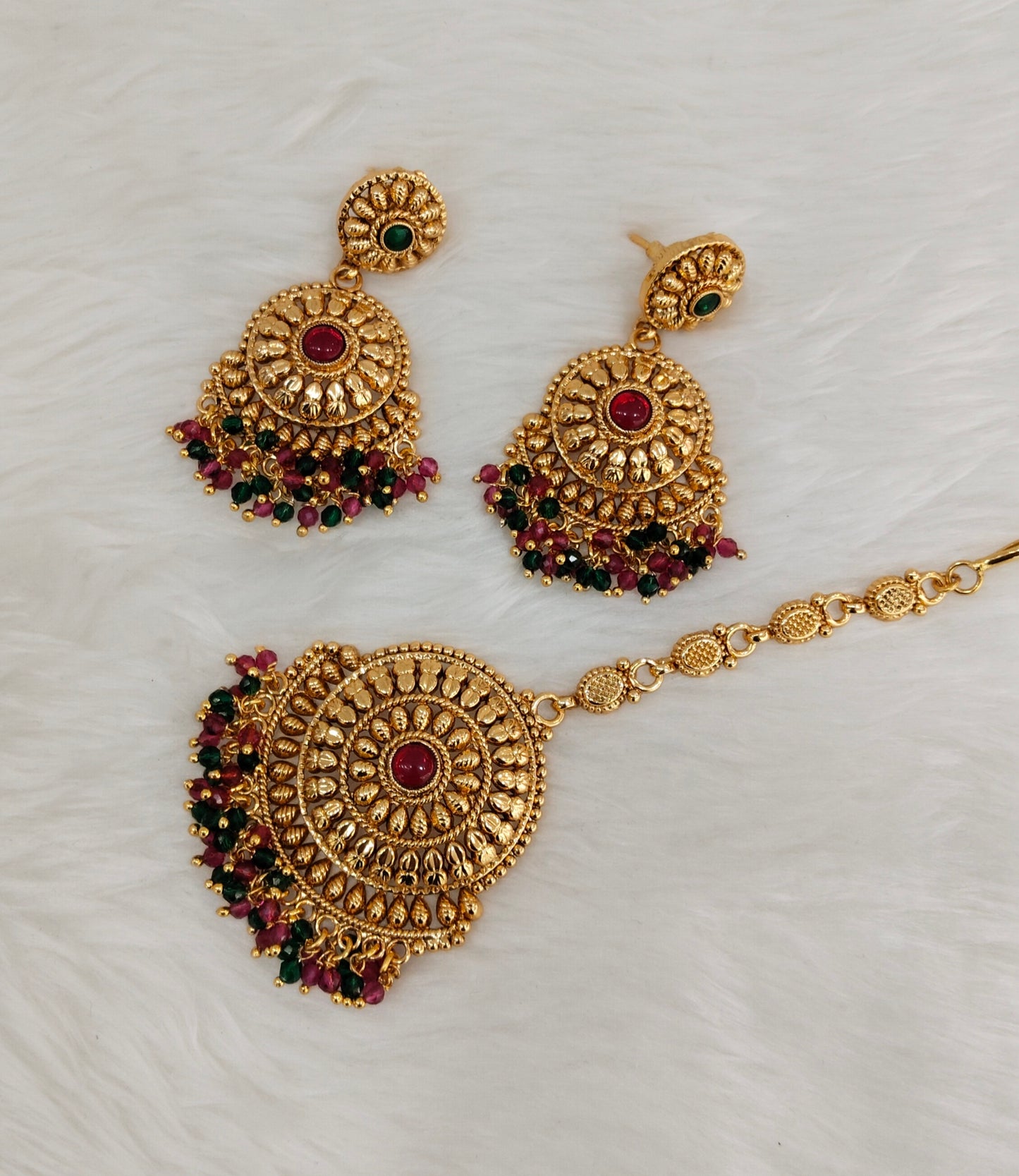 Ruby Green Gold Polki Punjabi Style Earrings and Tikka