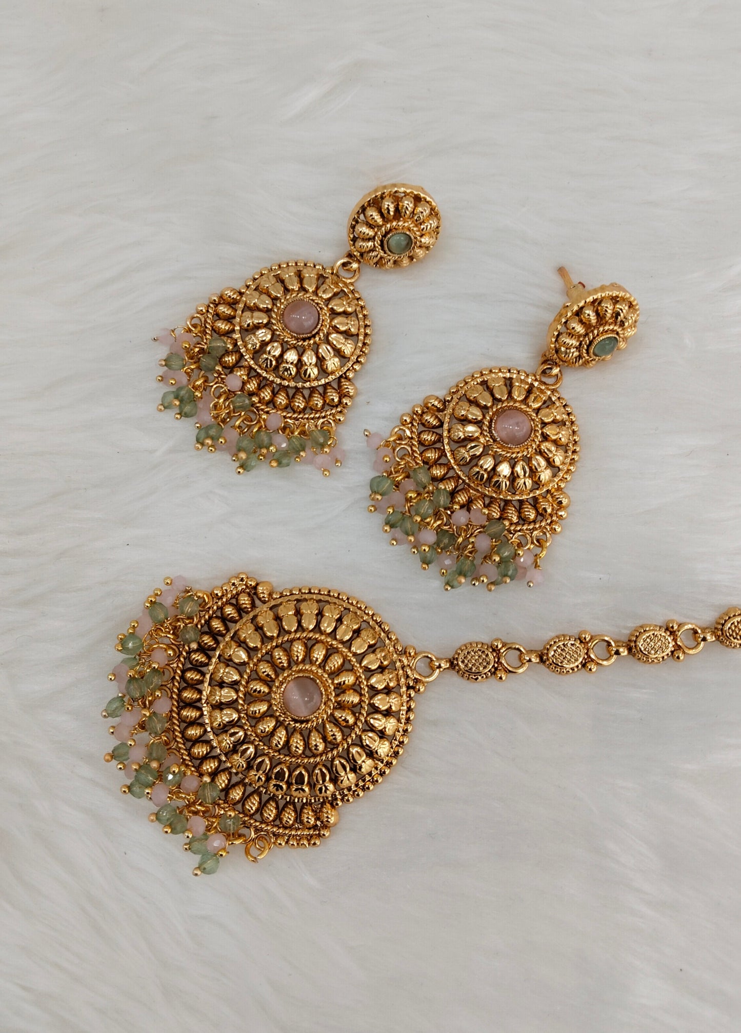 Mint Pink Gold Polki Punjabi Style Earrings and Tikka