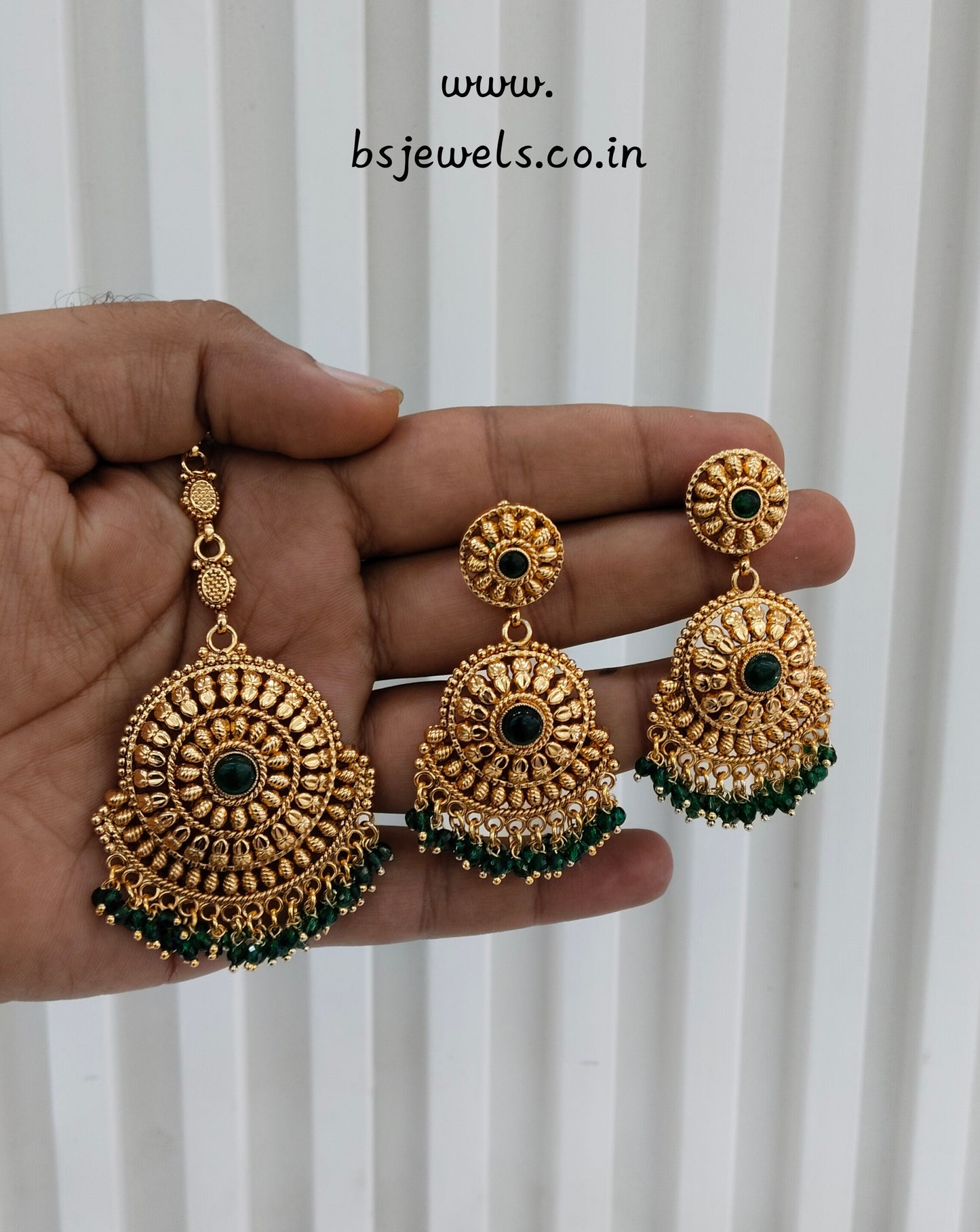 Green Gold Polki Punjabi Style Earrings and Tikka