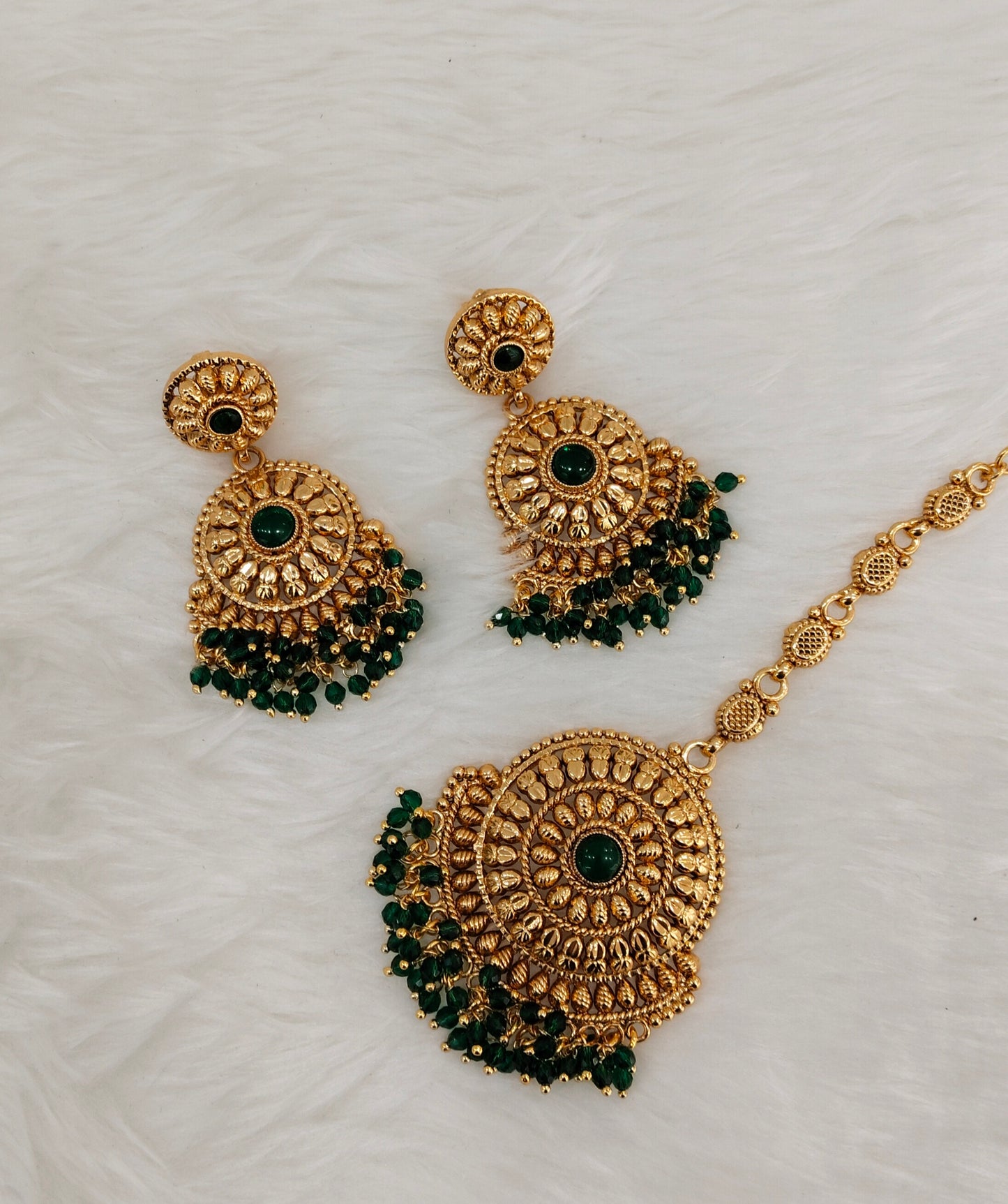 Green Gold Polki Punjabi Style Earrings and Tikka