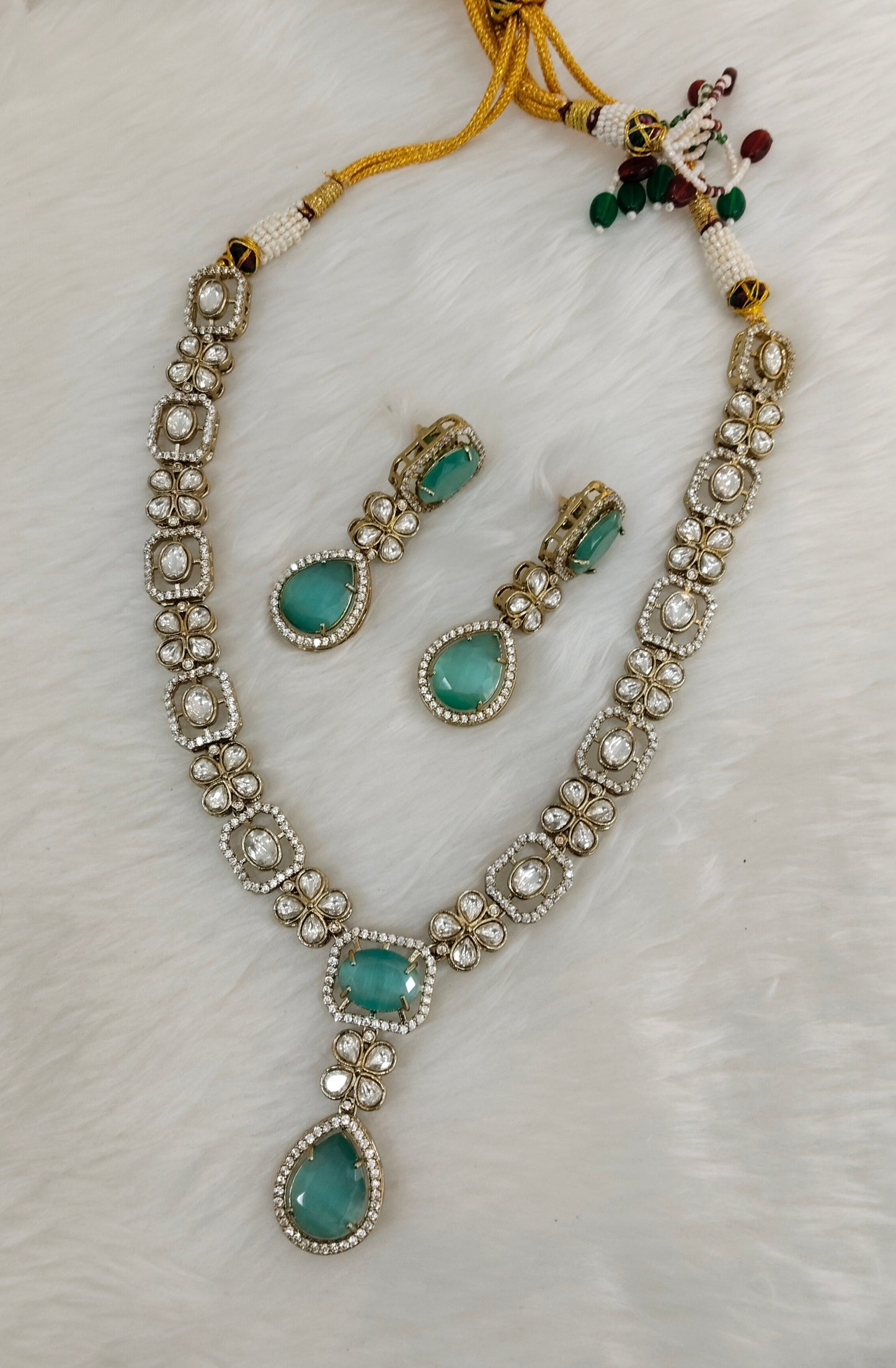 Sea Green Gold Moissanite Kundan Necklace Jewellery Kabota Set