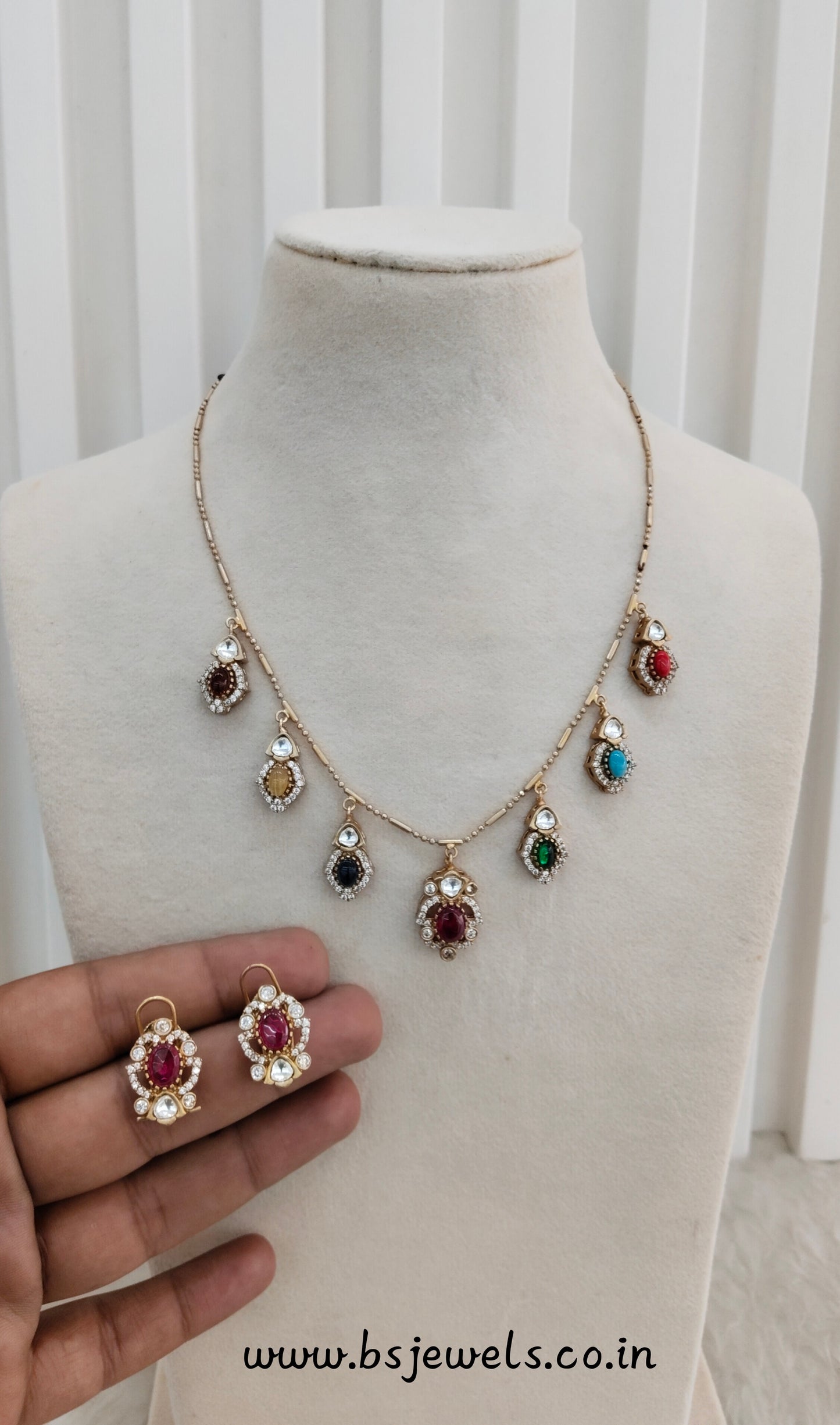 Multi Color Gold Moissanite Kundan Necklace Jewellery Delux Chain Set