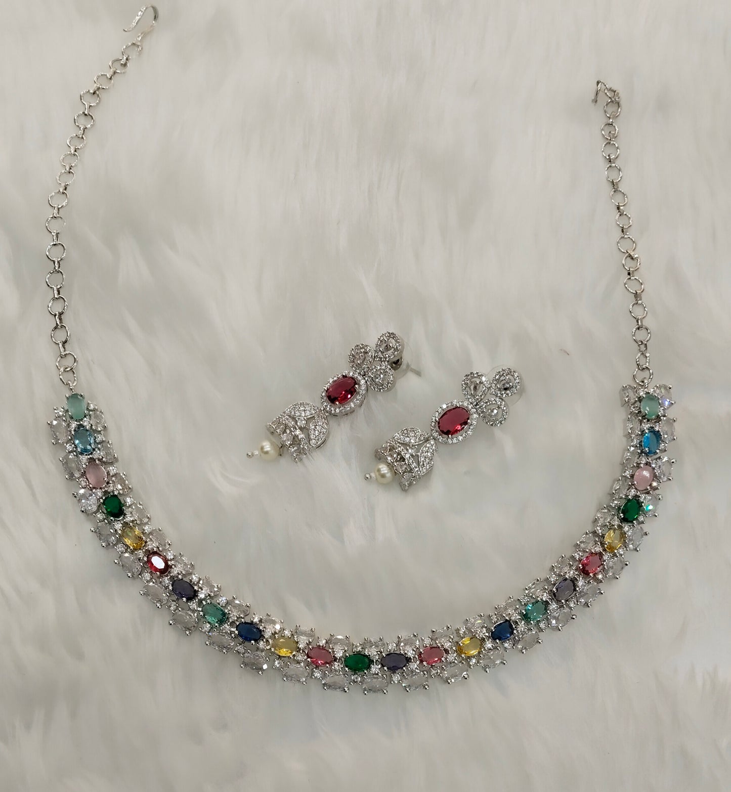 Multi Color Silver CZ Necklace Jewellery Honda Set
