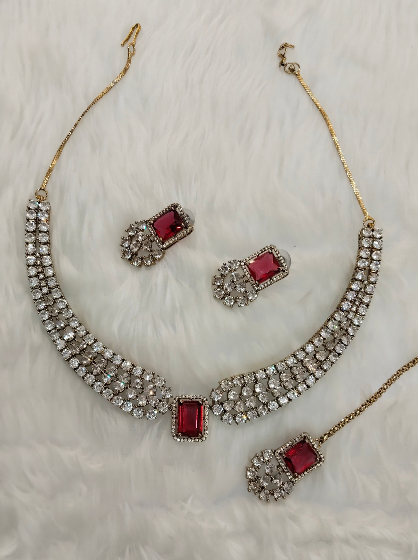 Ruby Antique Gold CZ Necklace Jewellery Tvs Set