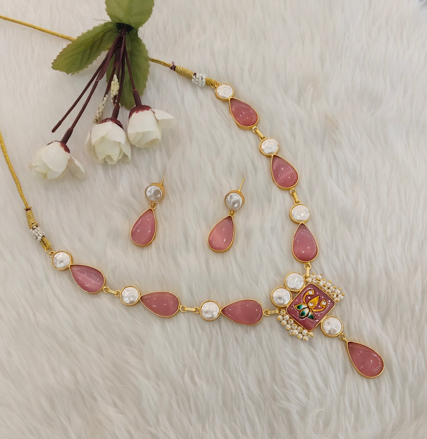 Pink Mother Of Pearl Stone Necklace Jewellery Mahindra Set
