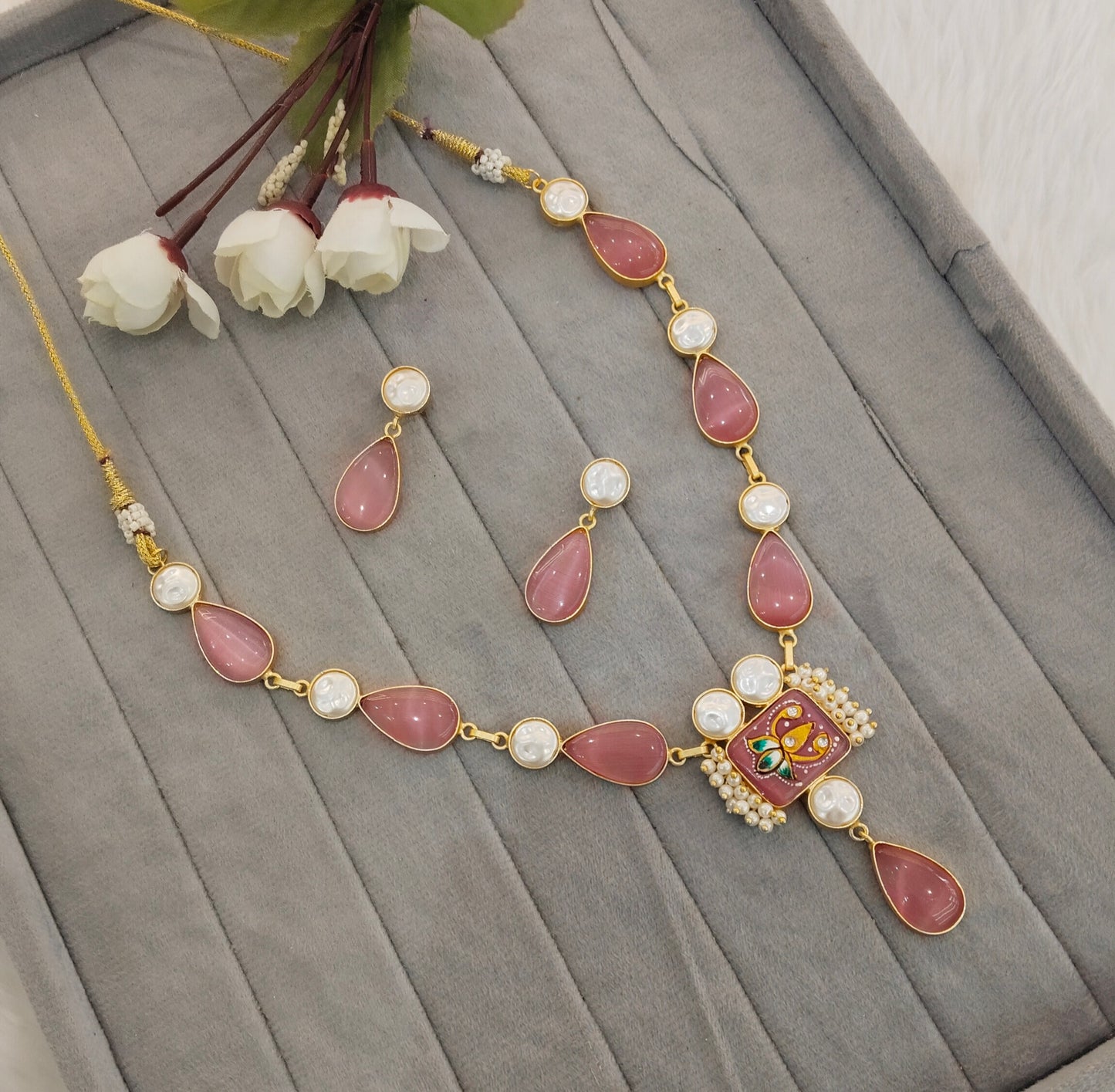 Pink Mother Of Pearl Stone Necklace Jewellery Mahindra Set