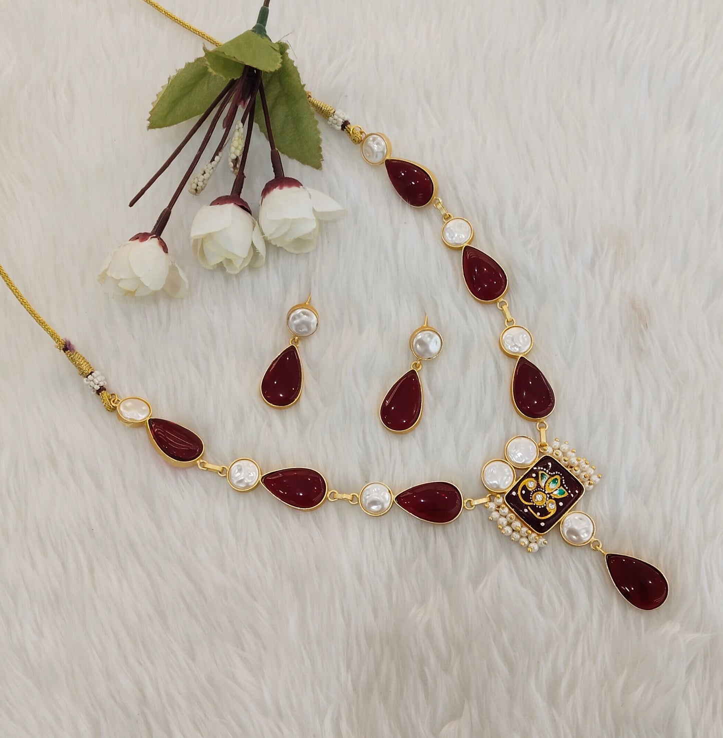 Maroon Mother Of Pearl Stone Necklace Jewellery Mahindra Set