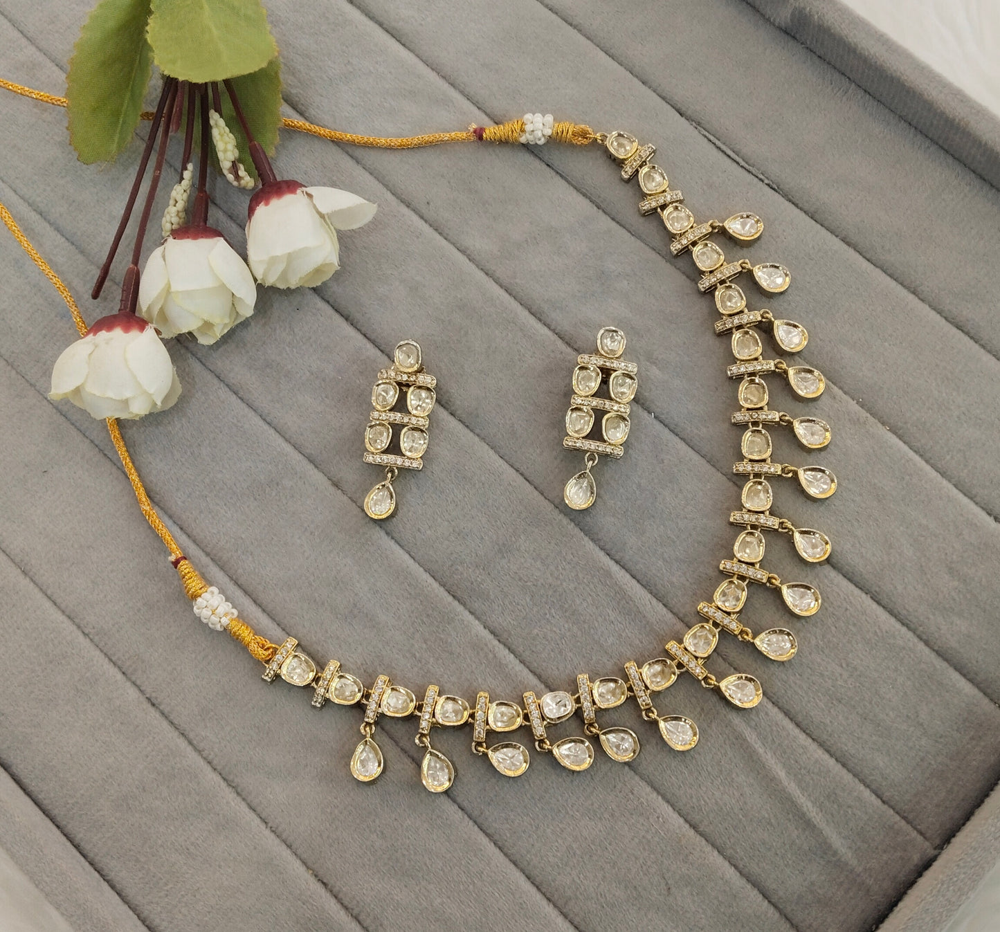 Gold Moissanite Kundan Necklace Jewellery Delux Set