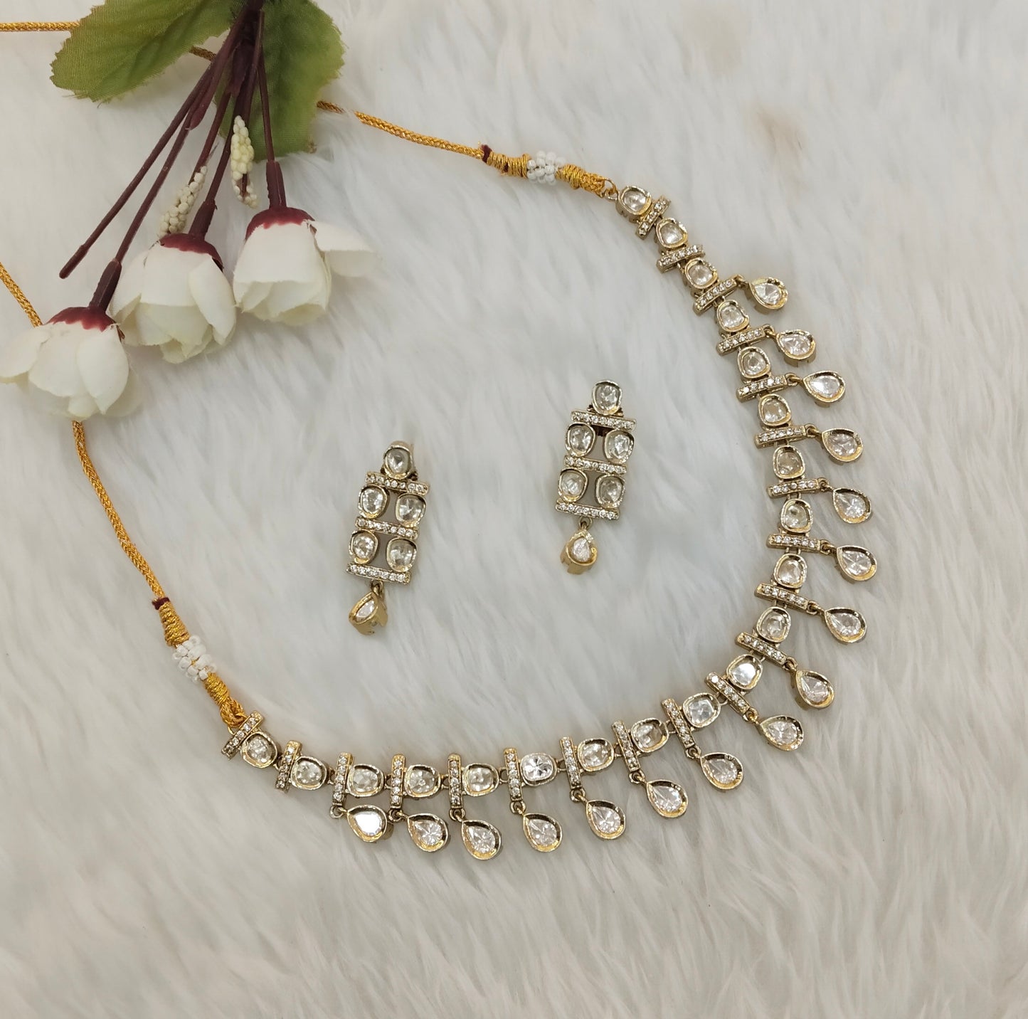 Gold Moissanite Kundan Necklace Jewellery Delux Set