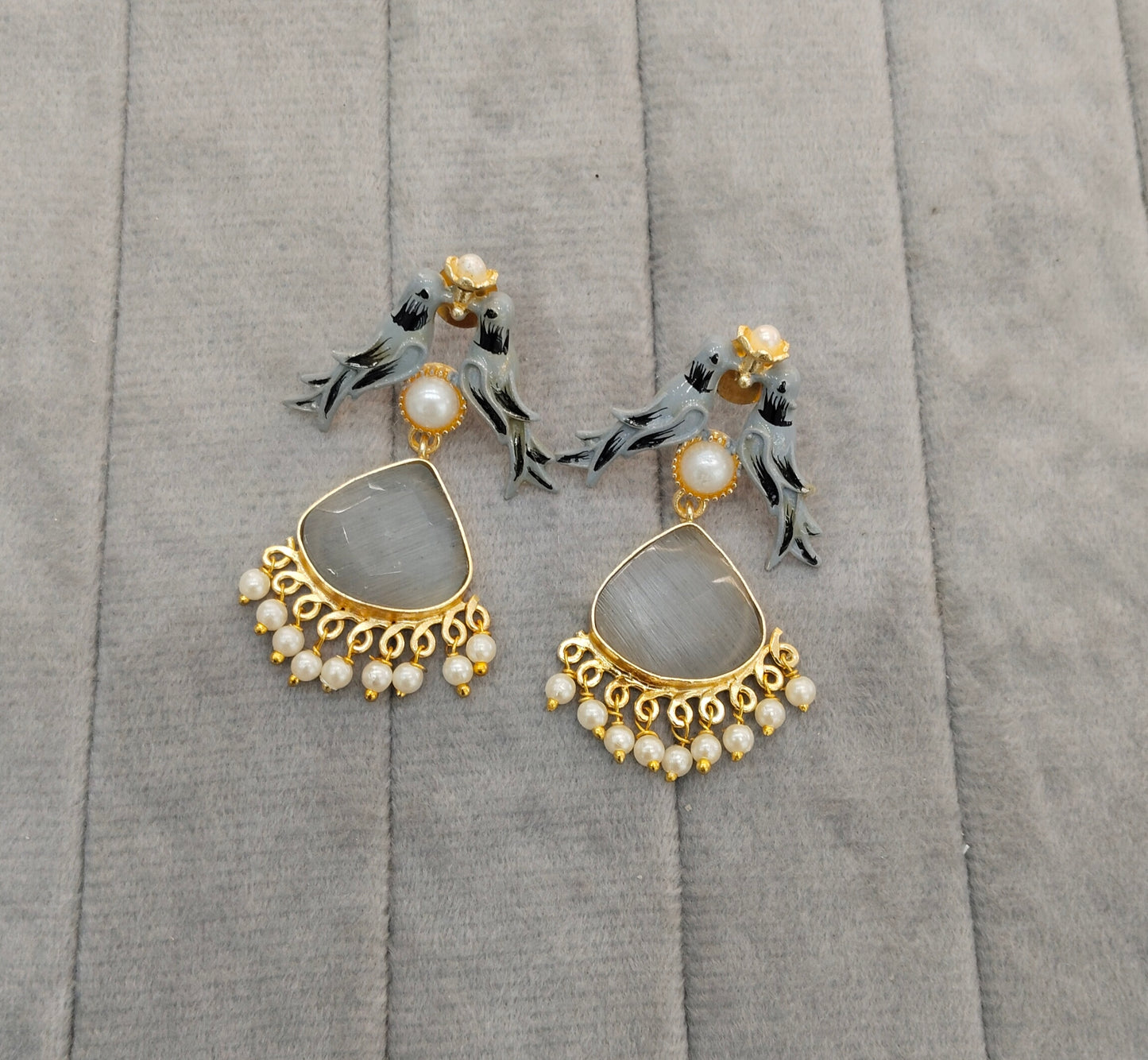 Grey Mother Of Pearl Bollywood Brass Earrings