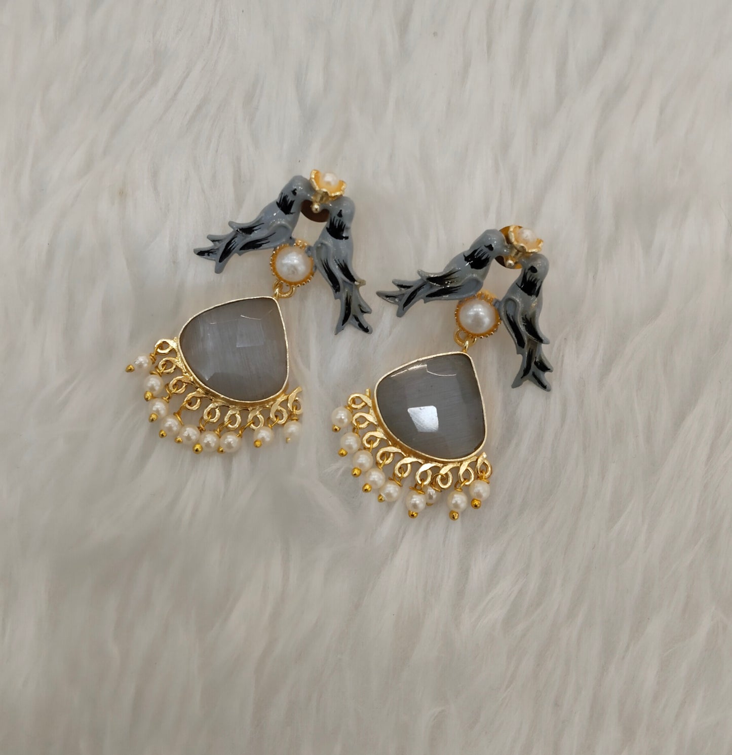 Grey Mother Of Pearl Bollywood Brass Earrings