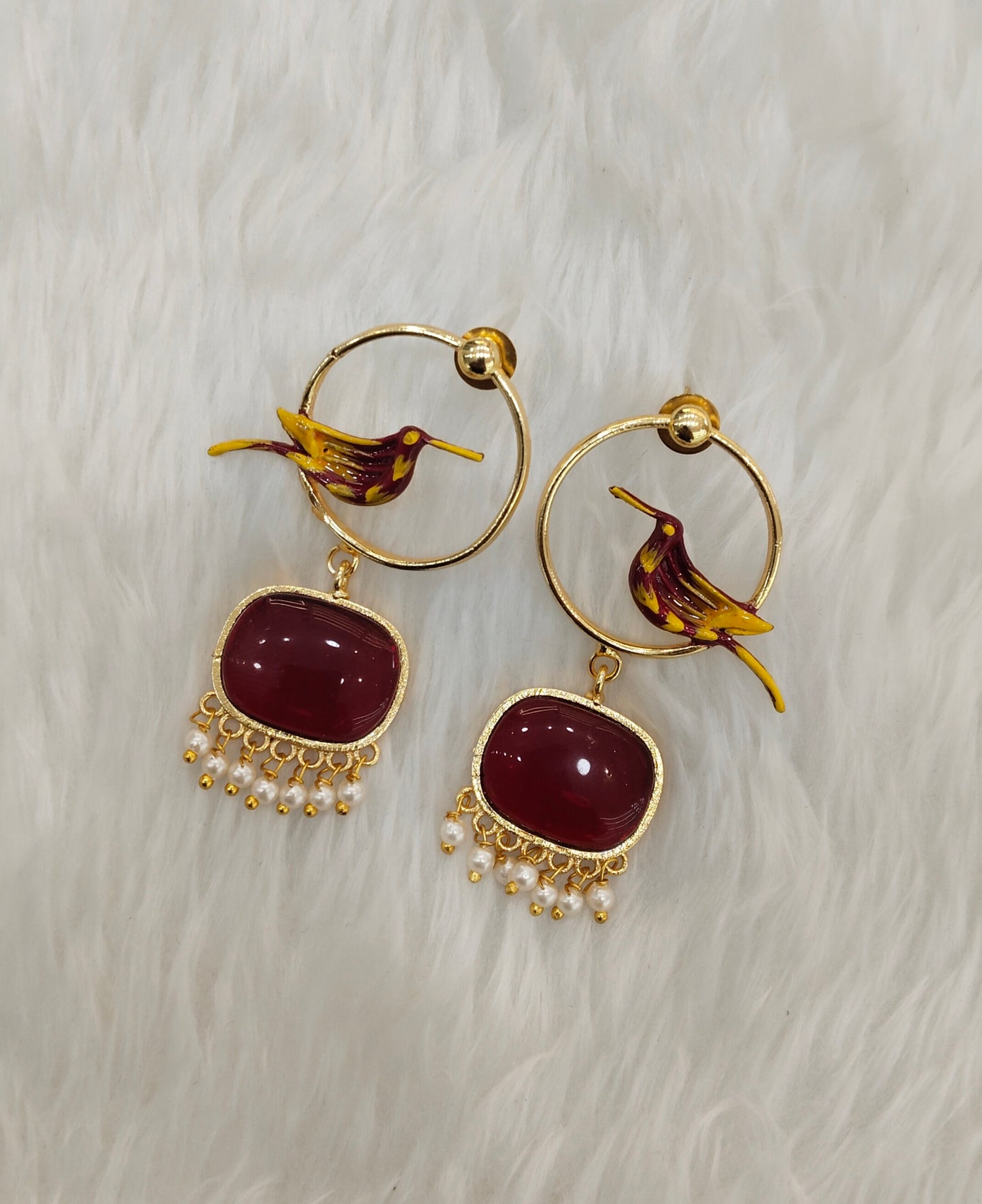 Maroon Mother Of Pearl Bollywood Brass Earrings